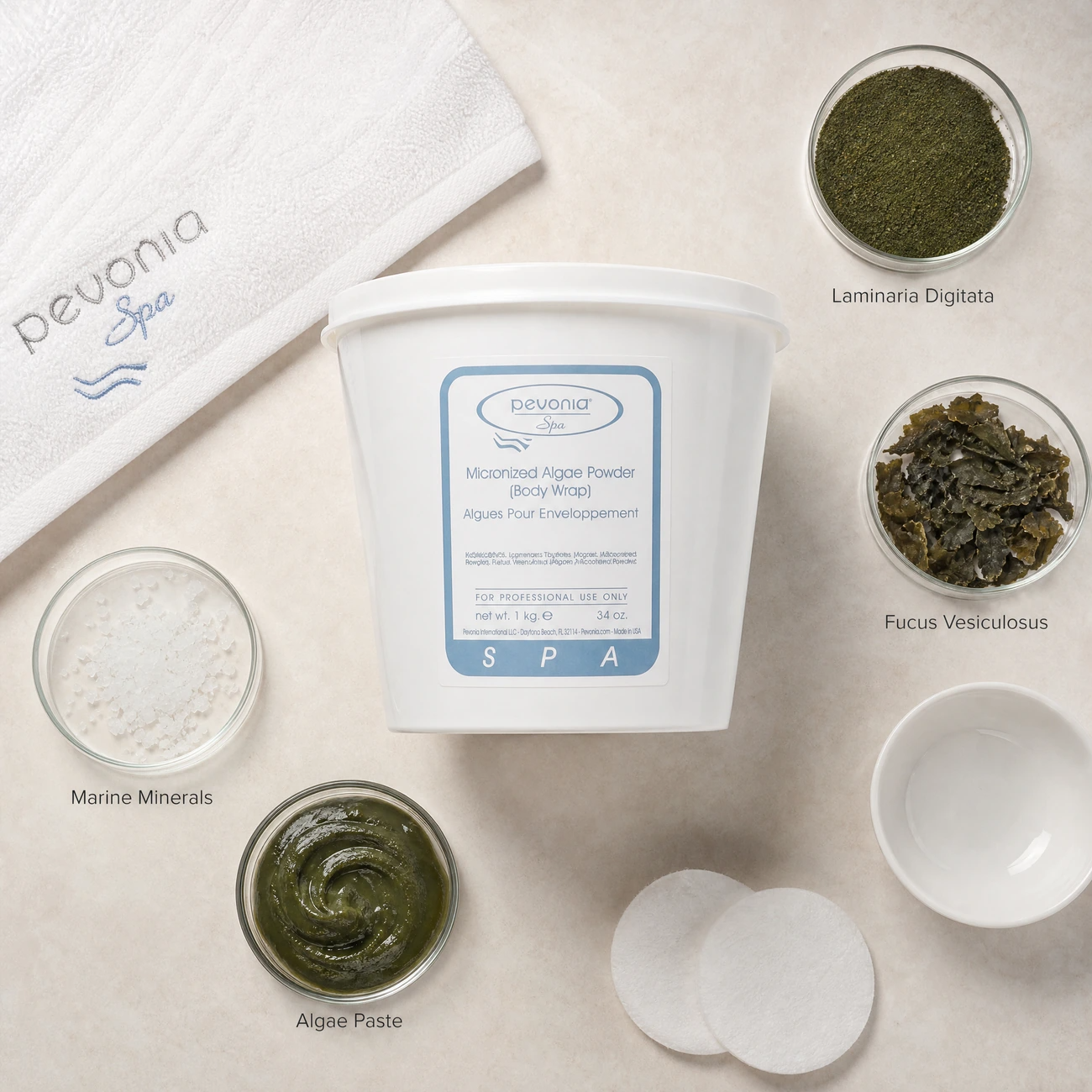 Pevonia Spa Micronized Algae Powder Body Wrap 1kg ingredients flatlay with Laminaria Digitata, Fucus Vesiculosus, marine minerals, and algae paste in clean glass petri dishes for professional B2B education.