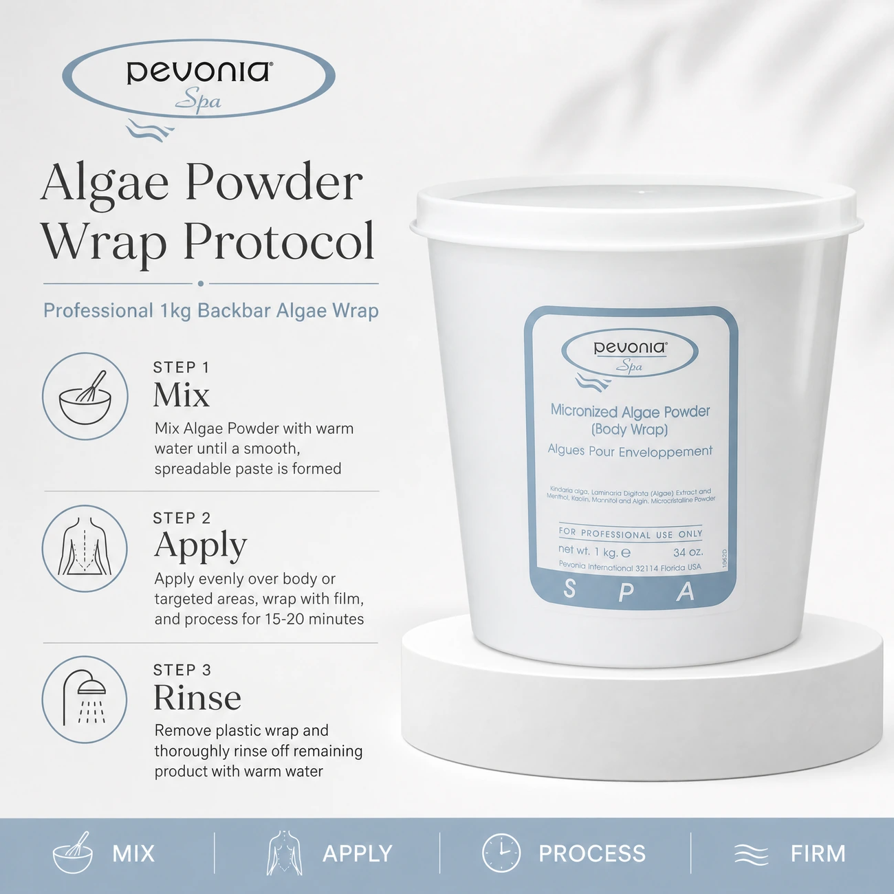 Pevonia Spa Micronized Algae Powder Body Wrap 1kg clinic-use education image detailing the professional 3-step Mix, Apply, and Rinse backbar body wrap protocol.