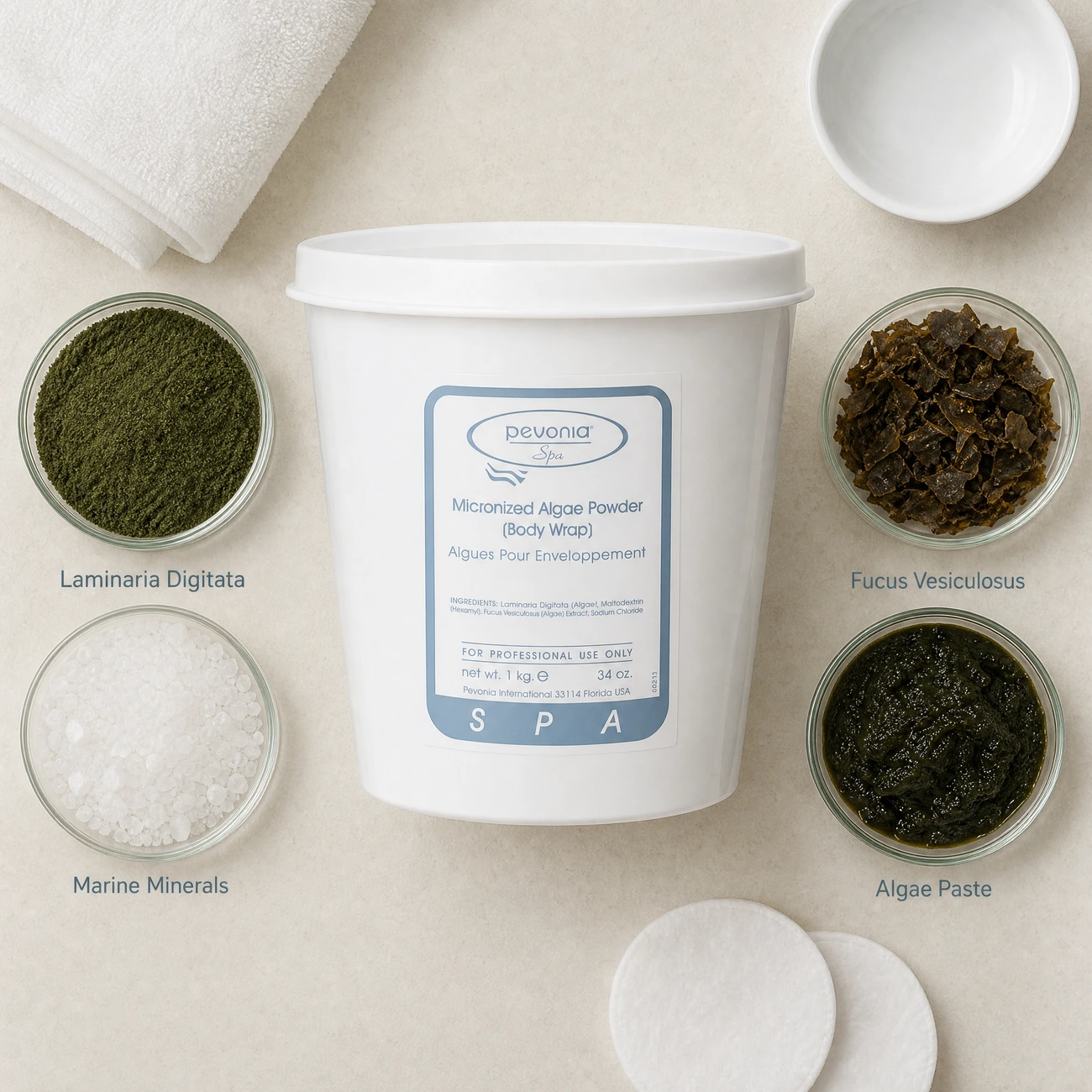 Pevonia Spa Micronized Algae Powder Body Wrap 1kg ingredients flatlay with Laminaria Digitata, Fucus Vesiculosus, marine minerals, and algae paste in clean glass petri dishes for professional B2B education.