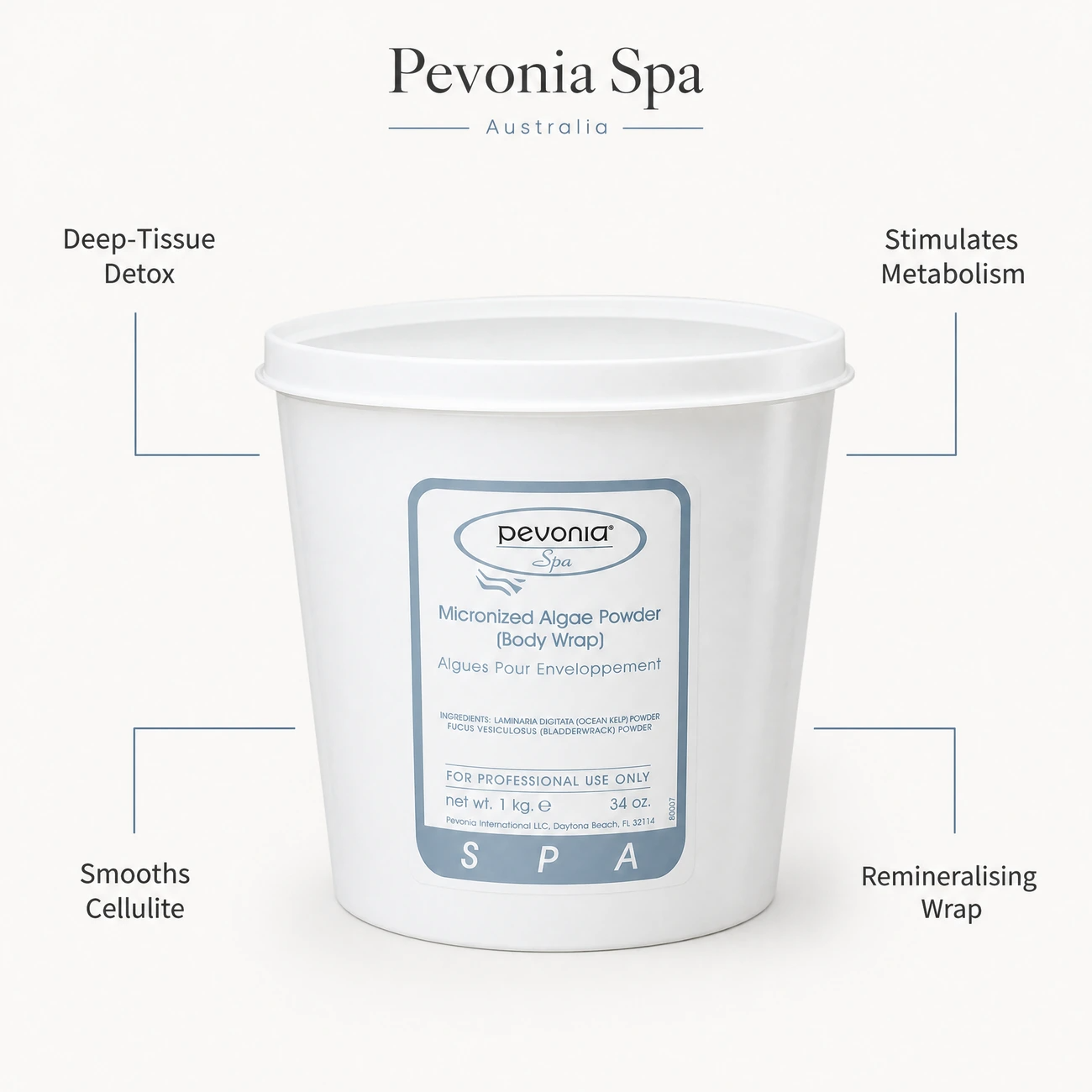 Pevonia Spa Micronized Algae Powder Body Wrap 1kg benefit callout image highlighting deep-tissue detoxification, skin metabolism stimulation, cellulite smoothing, and advanced remineralisation.