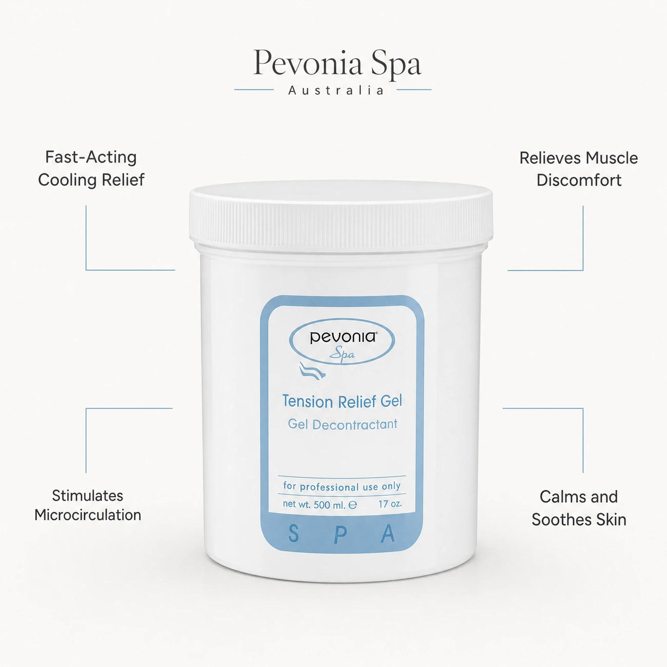 Pevonia Spa Tension Relief Gel 500ml benefit callout image highlighting fast-acting cooling, muscle discomfort relief, microcirculation stimulation, and skin soothing.