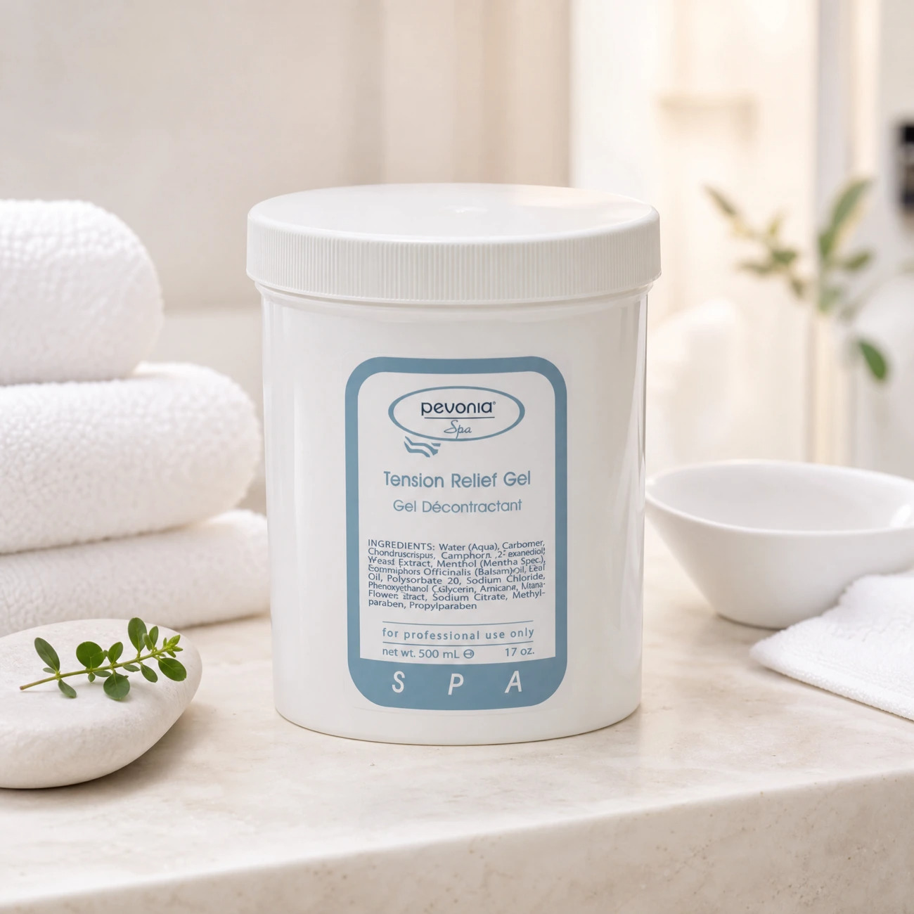 Pevonia Spa Tension Relief Gel 500ml professional white tub styled in a serene clinical spa body treatment room for Beauty Collective Pro.