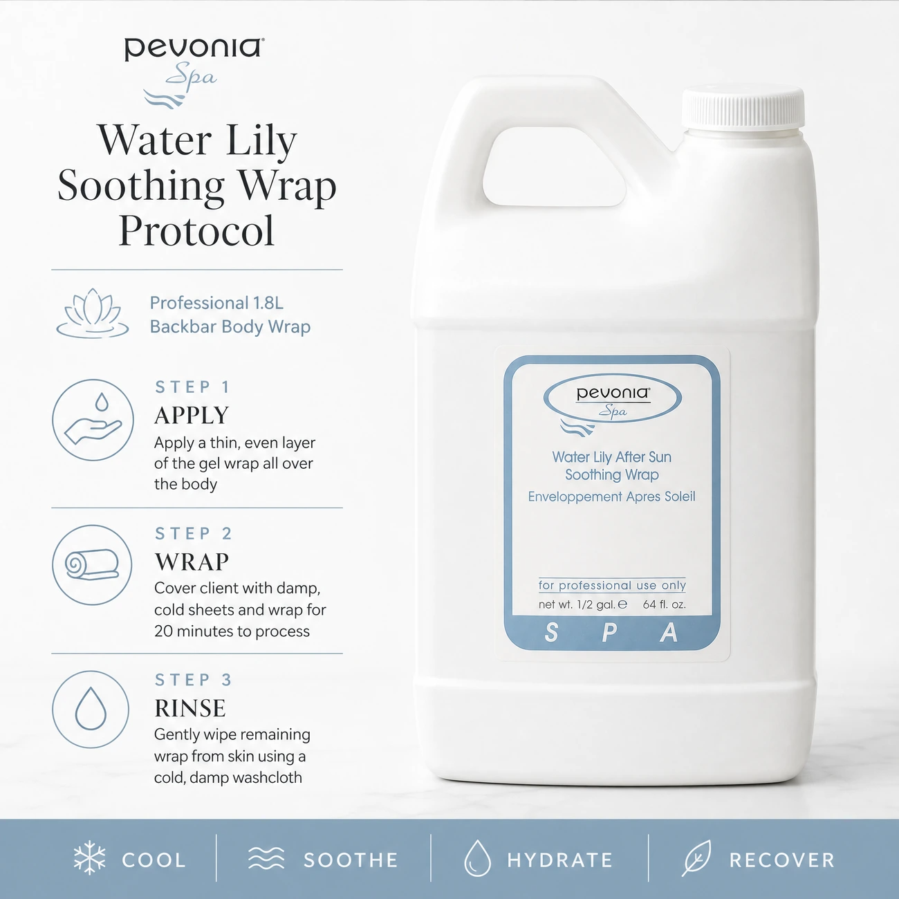 Pevonia Spa Water Lily After Sun Soothing Wrap 1.8L clinic-use education image detailing the professional 3-step Apply, Wrap, and Rinse backbar body wrap protocol.