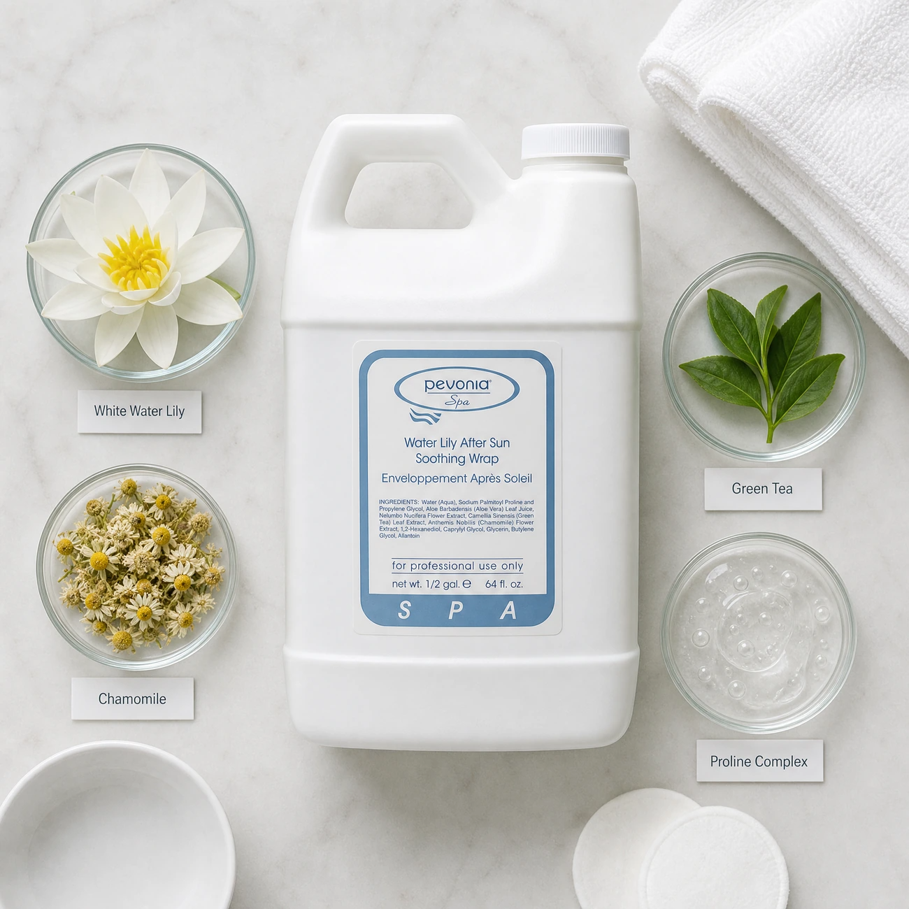 Pevonia Spa Water Lily After Sun Soothing Wrap 1.8L ingredients flatlay with White Water Lily, Green Tea, Chamomile, and Proline Complex in clean glass petri dishes for professional B2B education.