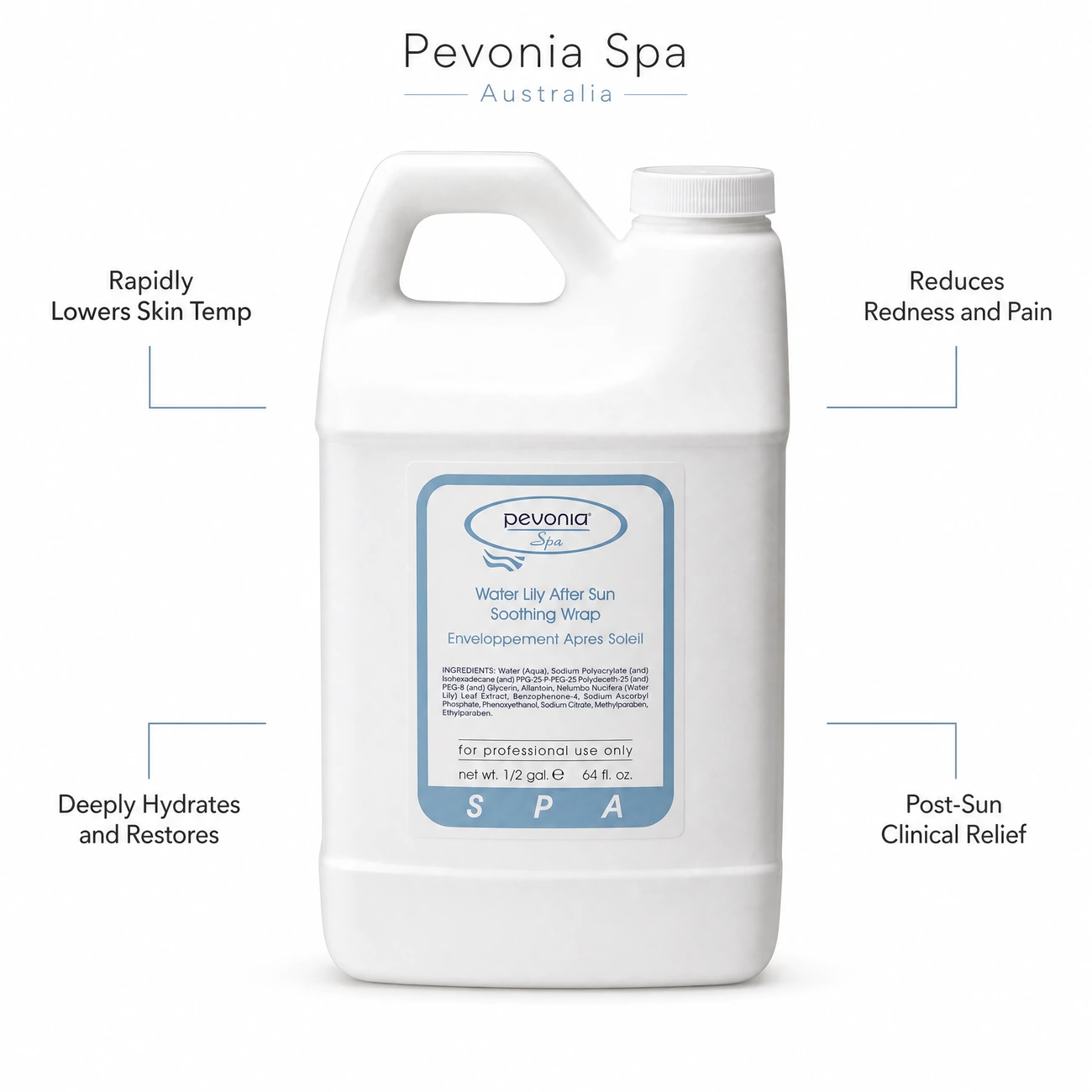 Pevonia Spa Water Lily After Sun Soothing Wrap 1.8L benefit callout image highlighting skin cooling, redness reduction, deep hydration, and post-sun clinical relief.