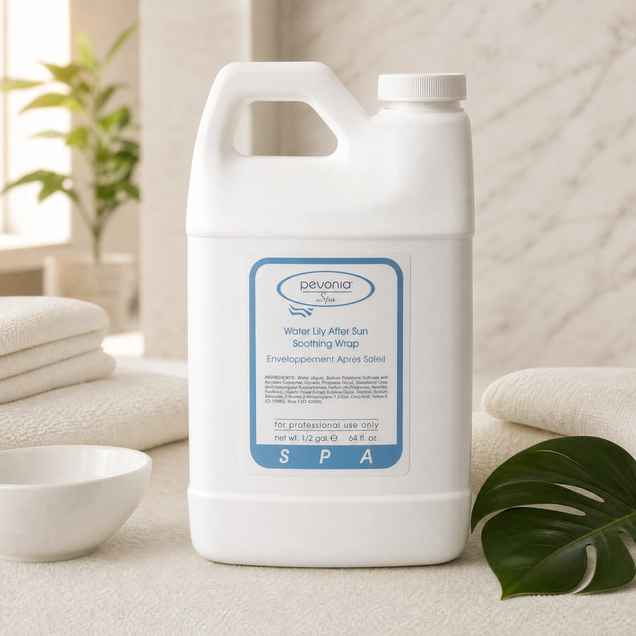 Pevonia Spa Water Lily After Sun Soothing Wrap 1.8L professional jug styled in a serene luxury day spa body treatment room for Beauty Collective Pro.