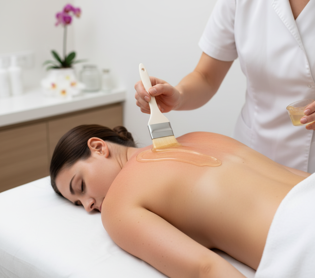 Woman receiving a treatment with a brush applying Waterlily Cooling Botanical Wrap in a spa setting.