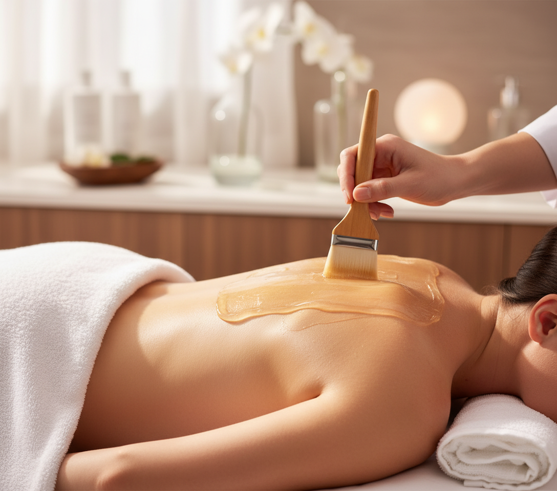 Woman receiving a massage with a brush applying Waterlily Cooling Botanical Wrap in a spa setting.