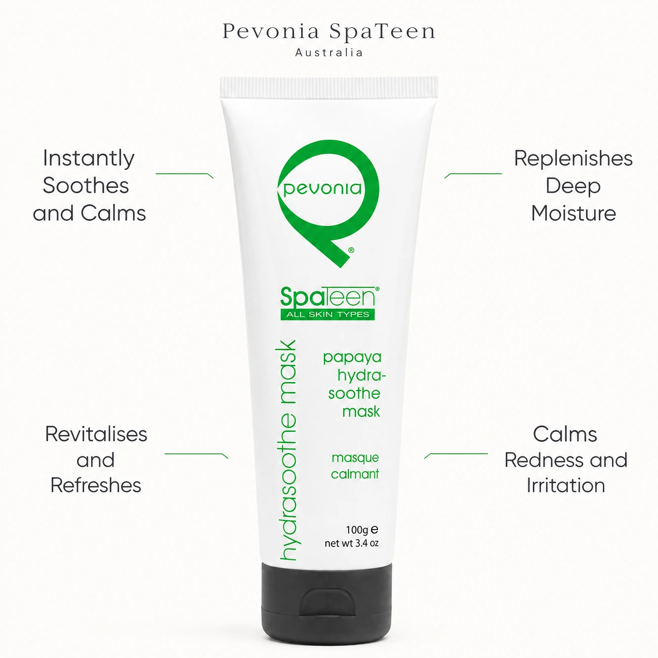 Pevonia SpaTeen Papaya Hydrasoothe Mask 100g benefit callout image highlighting instant skin soothing, moisture replenishment, papaya enzyme revitalisation, and redness reduction.