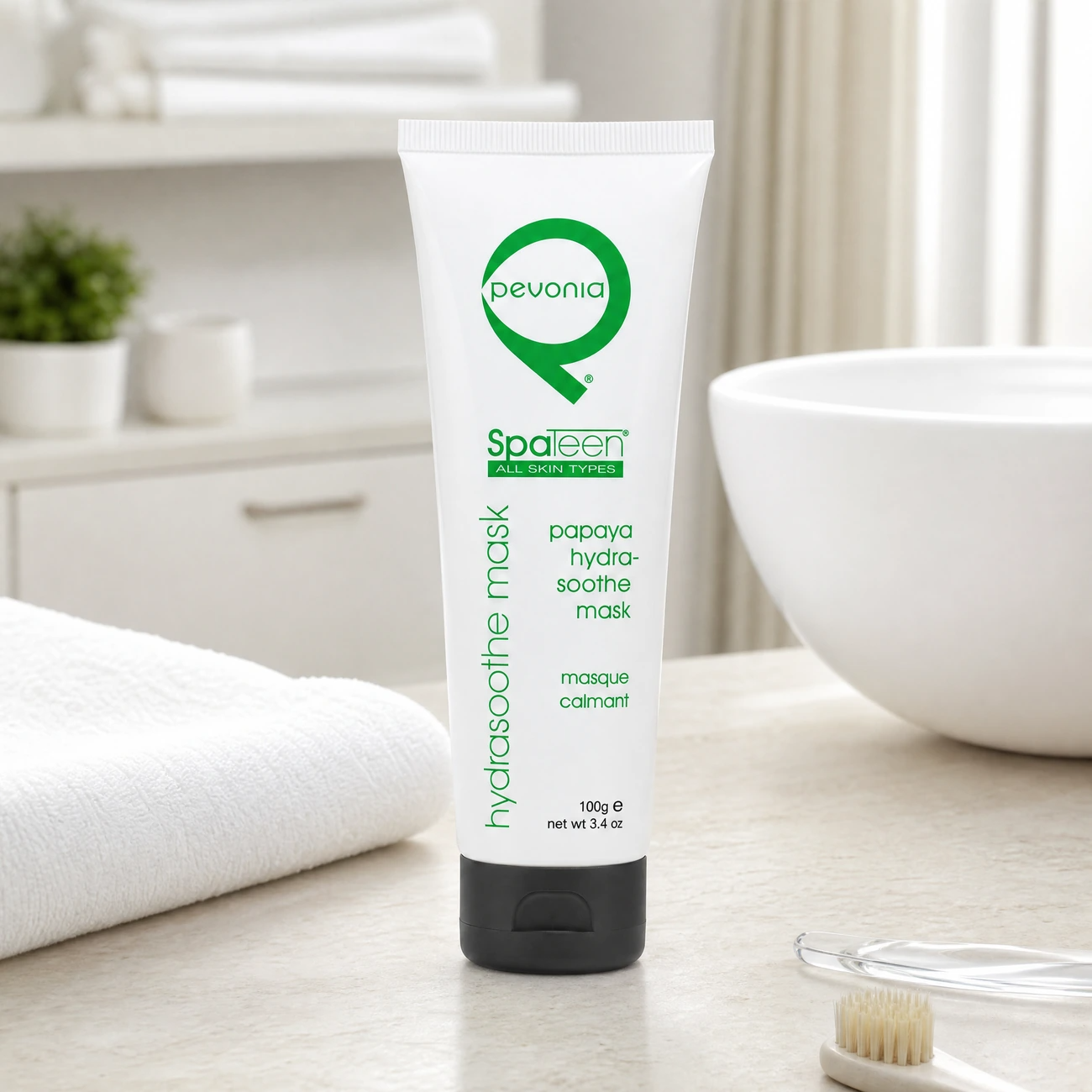 Pevonia SpaTeen Papaya Hydrasoothe Mask 100g professional white tube styled in a serene clinical spa treatment room for Beauty Collective Pro.