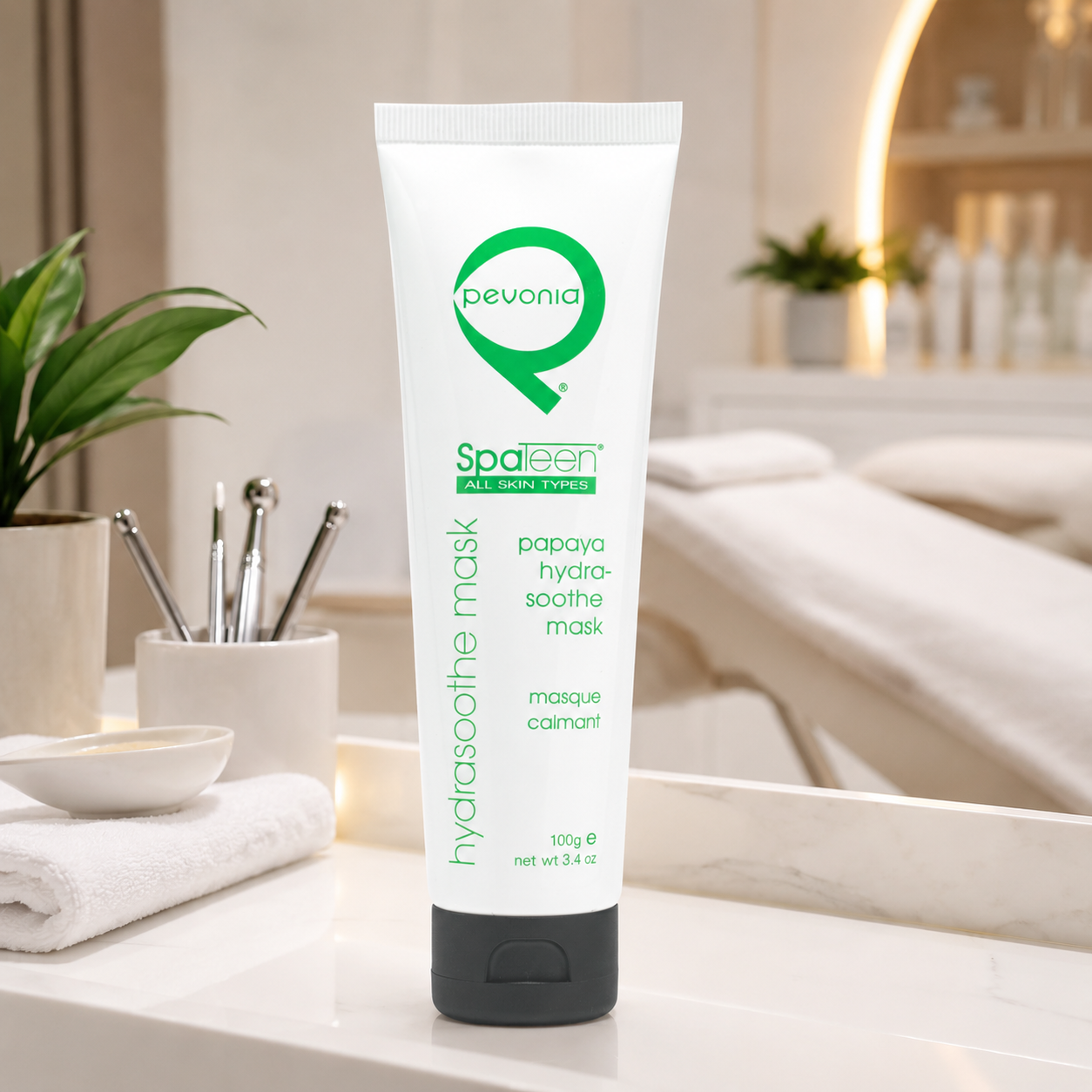 Pevonia SpaTeen Papaya Hydrasoothe Mask displayed in an upmarket spa treatment room, supporting calming, hydrating and soothing professional facial care for all skin types.