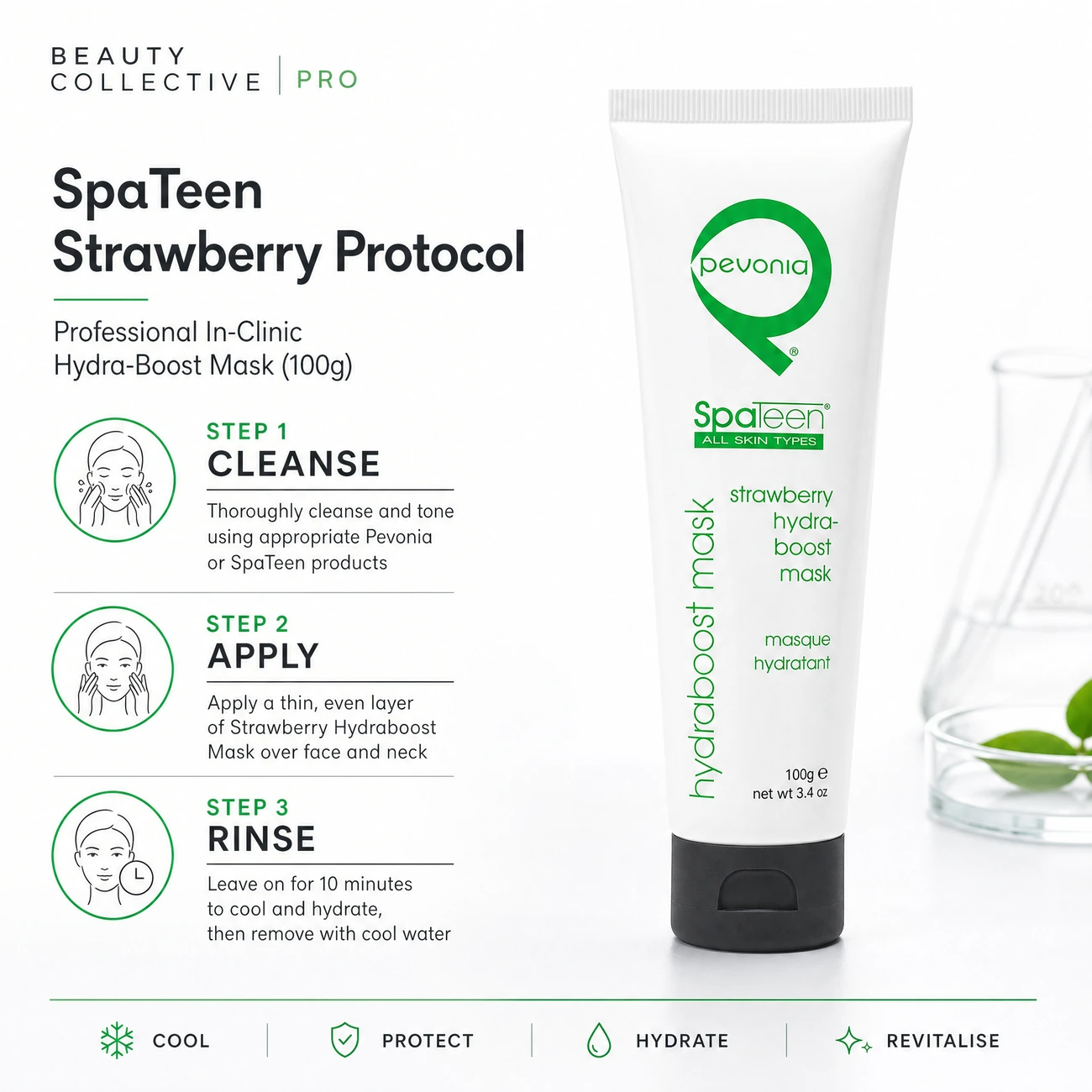 Pevonia SpaTeen Strawberry Hydraboost Mask 100g clinic-use education image detailing the professional 3-step Cleanse, Apply, and Rinse hydrating mask protocol for salons, spas, and clinics.