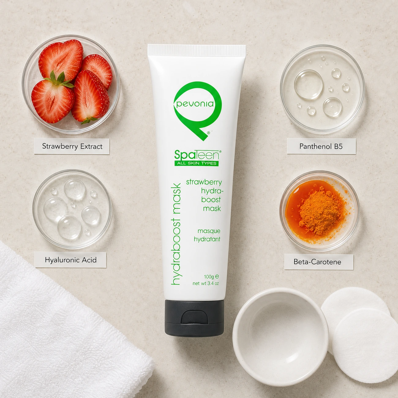 Pevonia SpaTeen Strawberry Hydraboost Mask 100g ingredients flatlay with strawberry extract, sodium hyaluronate, panthenol, and beta-carotene in clean glass petri dishes for professional B2B education.