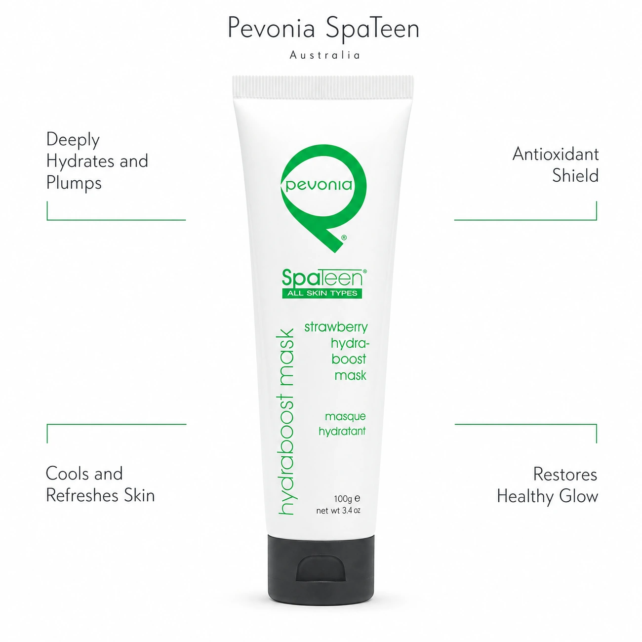 Pevonia SpaTeen Strawberry Hydraboost Mask 100g benefit callout image highlighting deep moisture replenishment, antioxidant pollution shield, skin cooling, and healthy glow restoration.