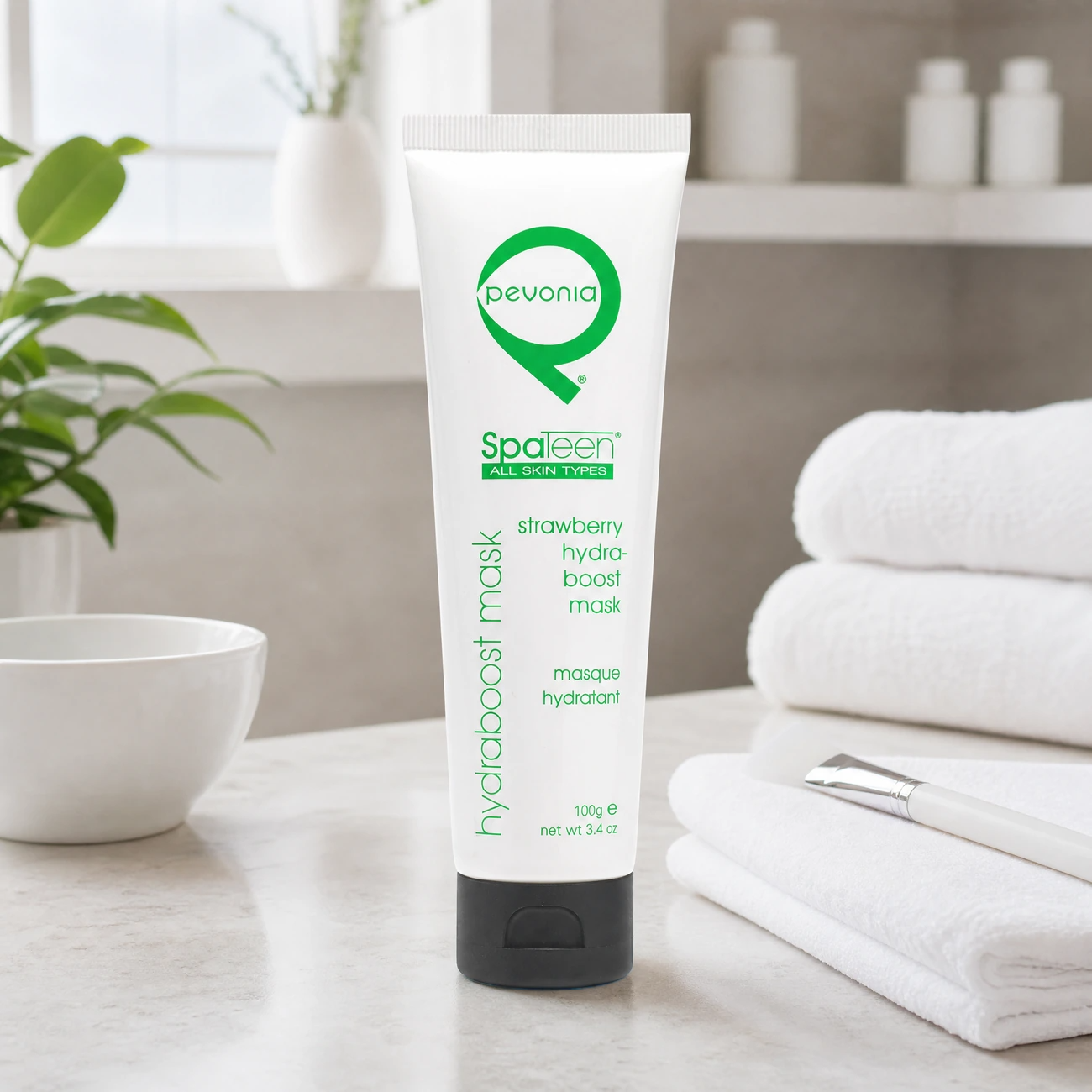 Pevonia SpaTeen Strawberry Hydraboost Mask 100g professional white tube styled in a serene clinical spa treatment room for Beauty Collective Pro.