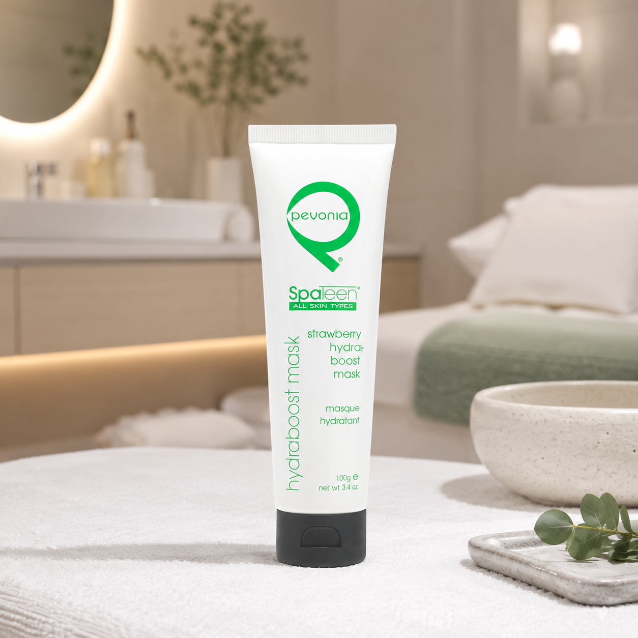 Pevonia SpaTeen Strawberry Hydraboost Mask displayed in an upmarket spa treatment room, supporting hydrating and soothing professional facial care for all skin types.