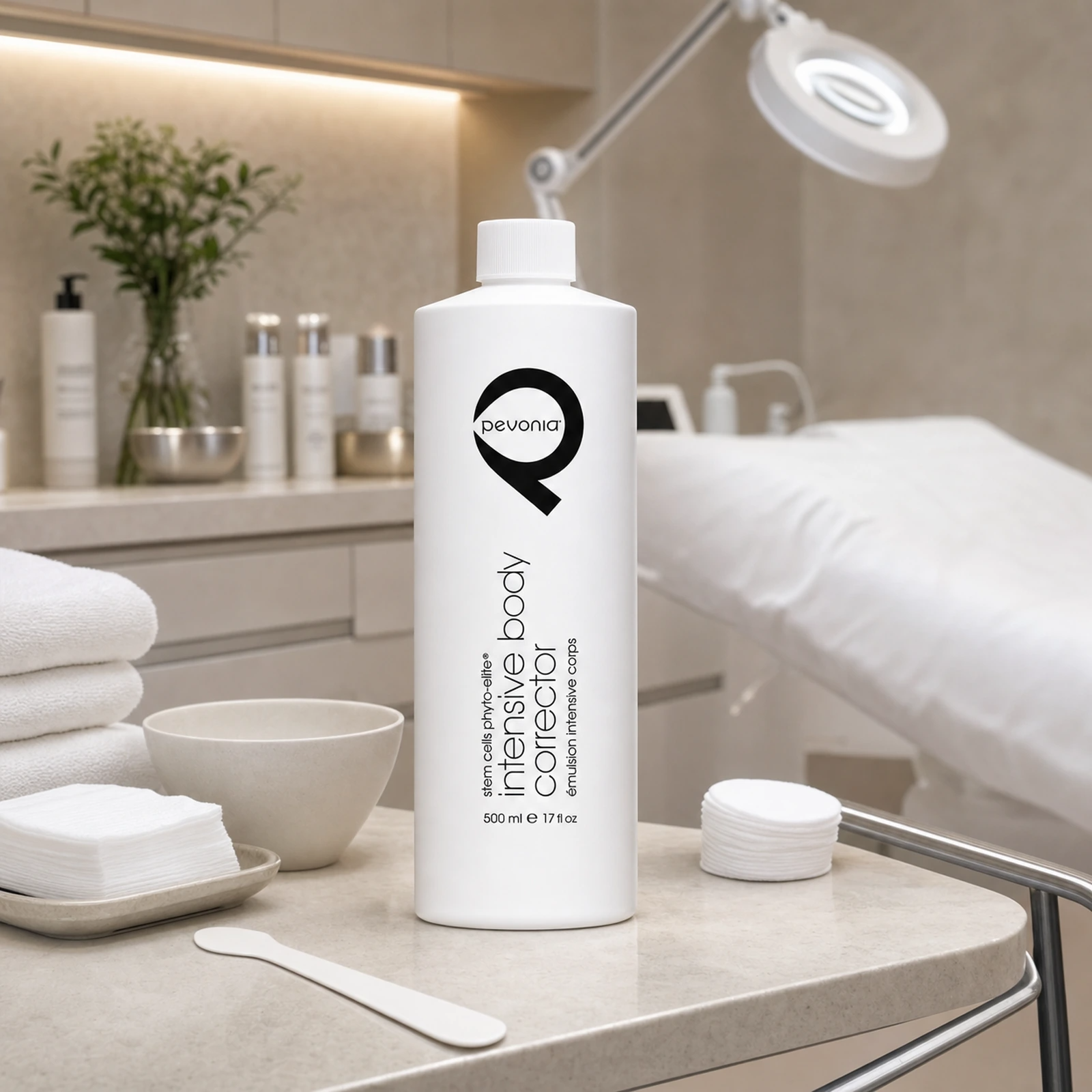 Pevonia Stem Cells Body Corrector 500ml bottle displayed in an upmarket clinic treatment room with treatment preparation accessories, folded towels and a therapist trolley.