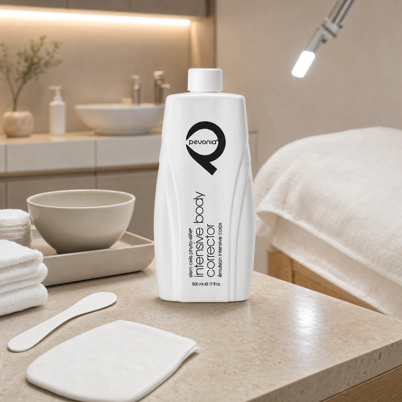 Pevonia Stem Cells Body Corrector 500ml bottle displayed in an upmarket clinic body treatment room with treatment preparation accessories, folded towels and a therapist trolley.