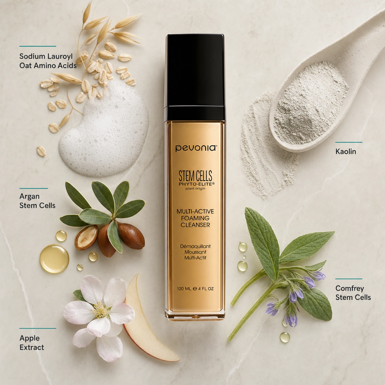 Pevonia Stem Cells Foaming Cleanser 120ml ingredient flatlay with Sodium Lauroyl Oat Amino Acids, Kaolin, Argan Stem Cells, Comfrey Stem Cells and Apple Extract