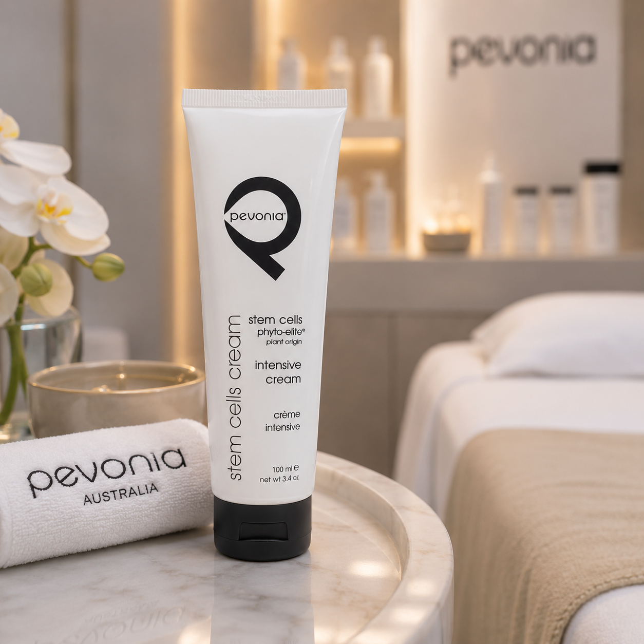 Pevonia Stem Cells Intensive Cream 100ml displayed in a luxury spa treatment room for firming, anti-ageing professional skincare.