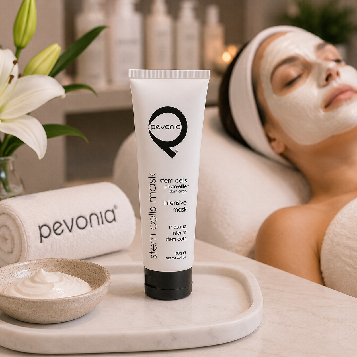 Pevonia Stem Cells Intensive Mask 100g displayed in a luxury facial treatment room for firming professional spa treatments.