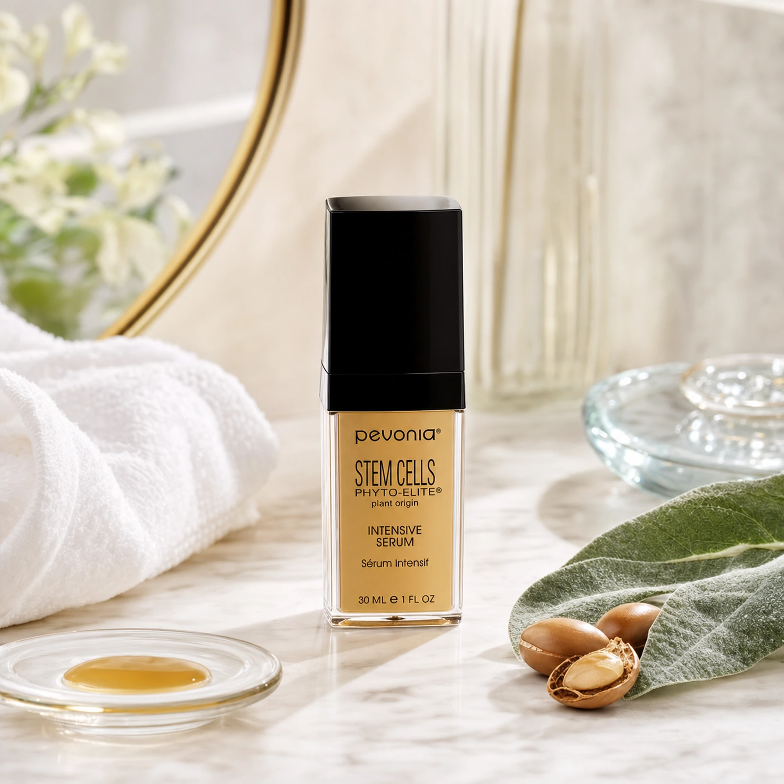 Pevonia Stem Cells Intensive Serum 30ml on a luxury bathroom vanity for mature, ageing and dehydrated skin