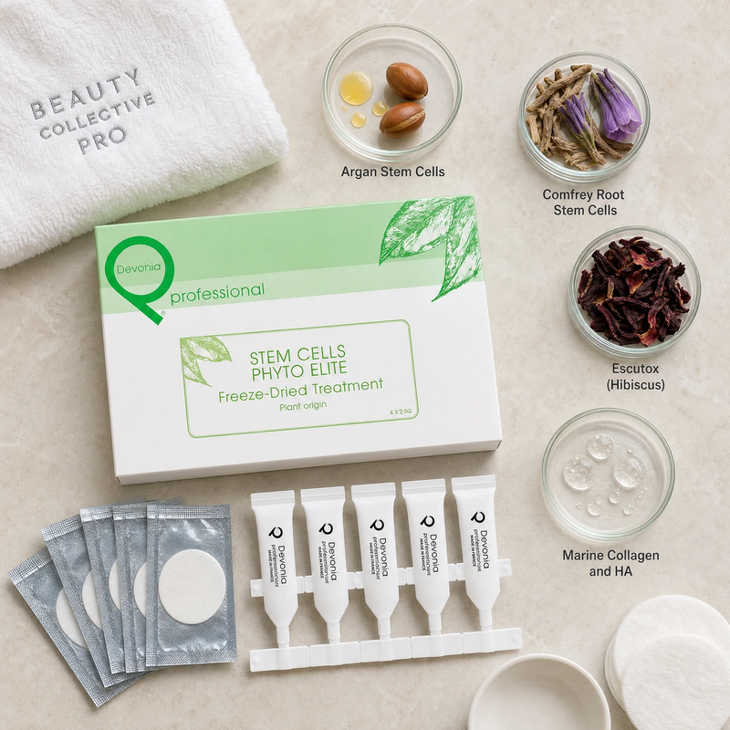 Pevonia Stem Cells Phyto-Elite Freeze-Dried Treatment ingredients flatlay with Argan stem cells, Comfrey root stem cells, Escutox hibiscus extract, and marine collagen in clean glass petri dishes for professional B2B education