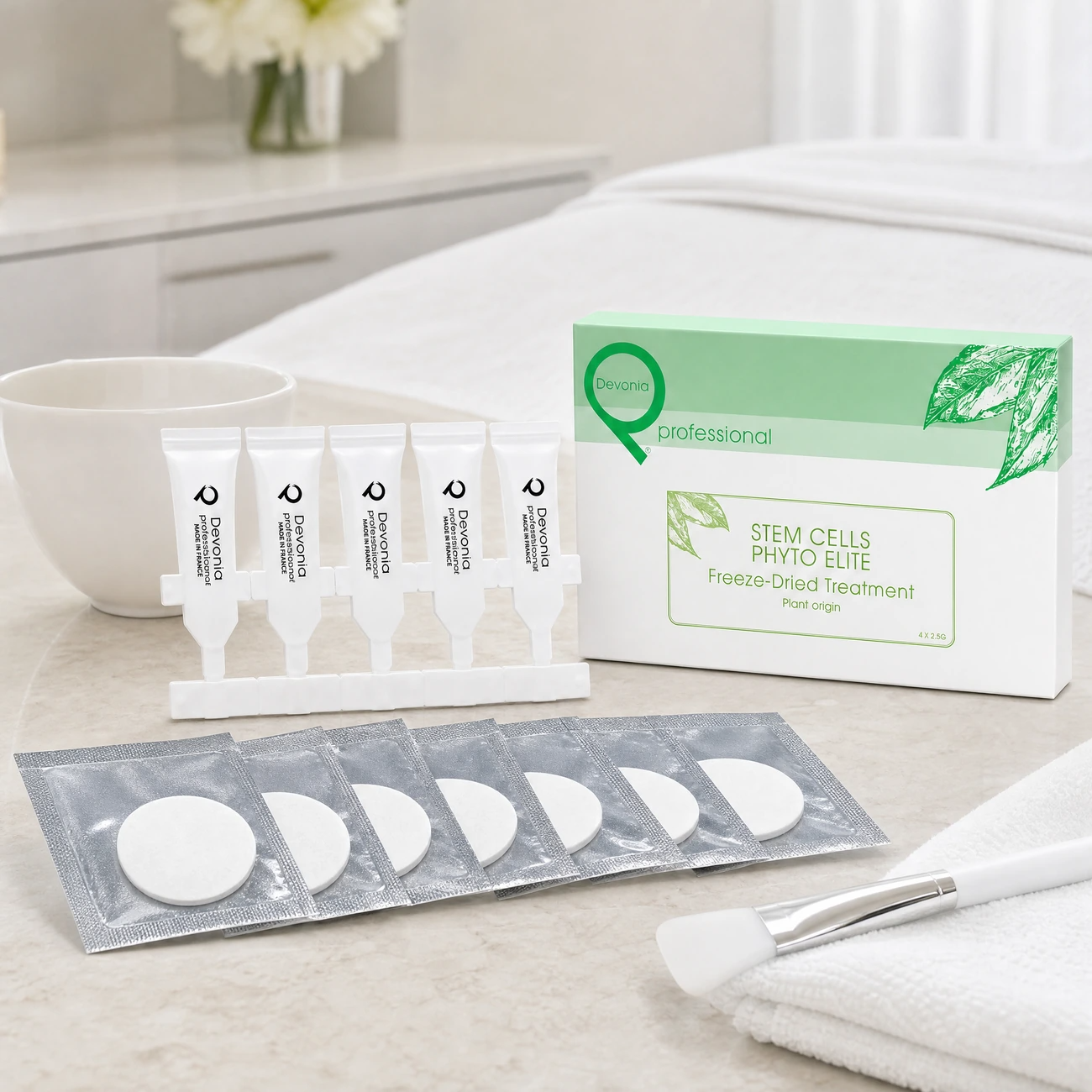 Pevonia Stem Cells Phyto-Elite Freeze-Dried Treatment 5-pack box, silver sachets with freeze-dried discs, and intensive serum ampoules styled in a serene clinical spa treatment room for Beauty Collective Pro.