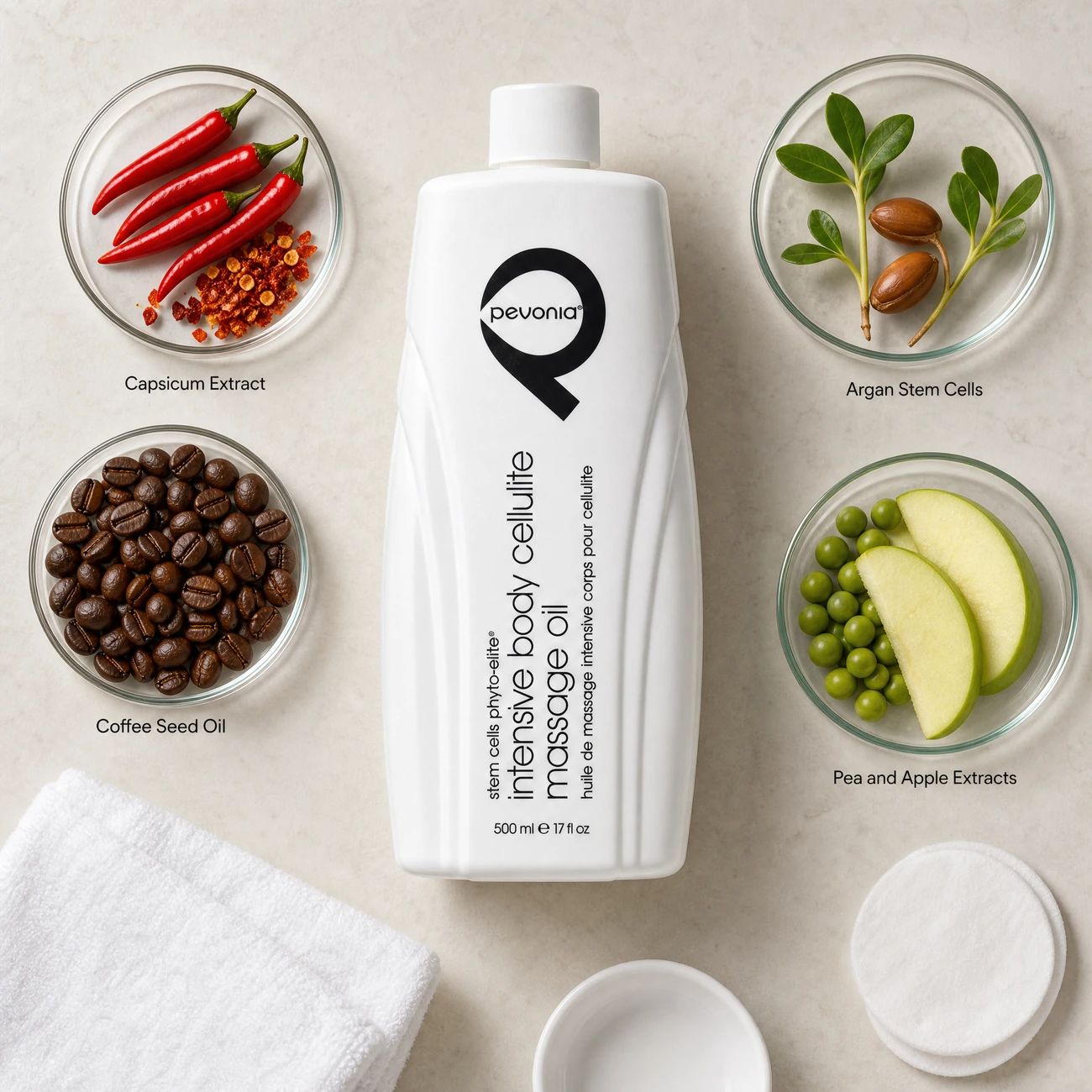 Pevonia Stem Cells Phyto-Elite Intensive Body Cellulite Massage Oil 500ml ingredients flatlay with capsicum extract, coffee seed oil, argan stem cells, and pea and apple extracts in clean glass petri dishes for professional B2B education.
