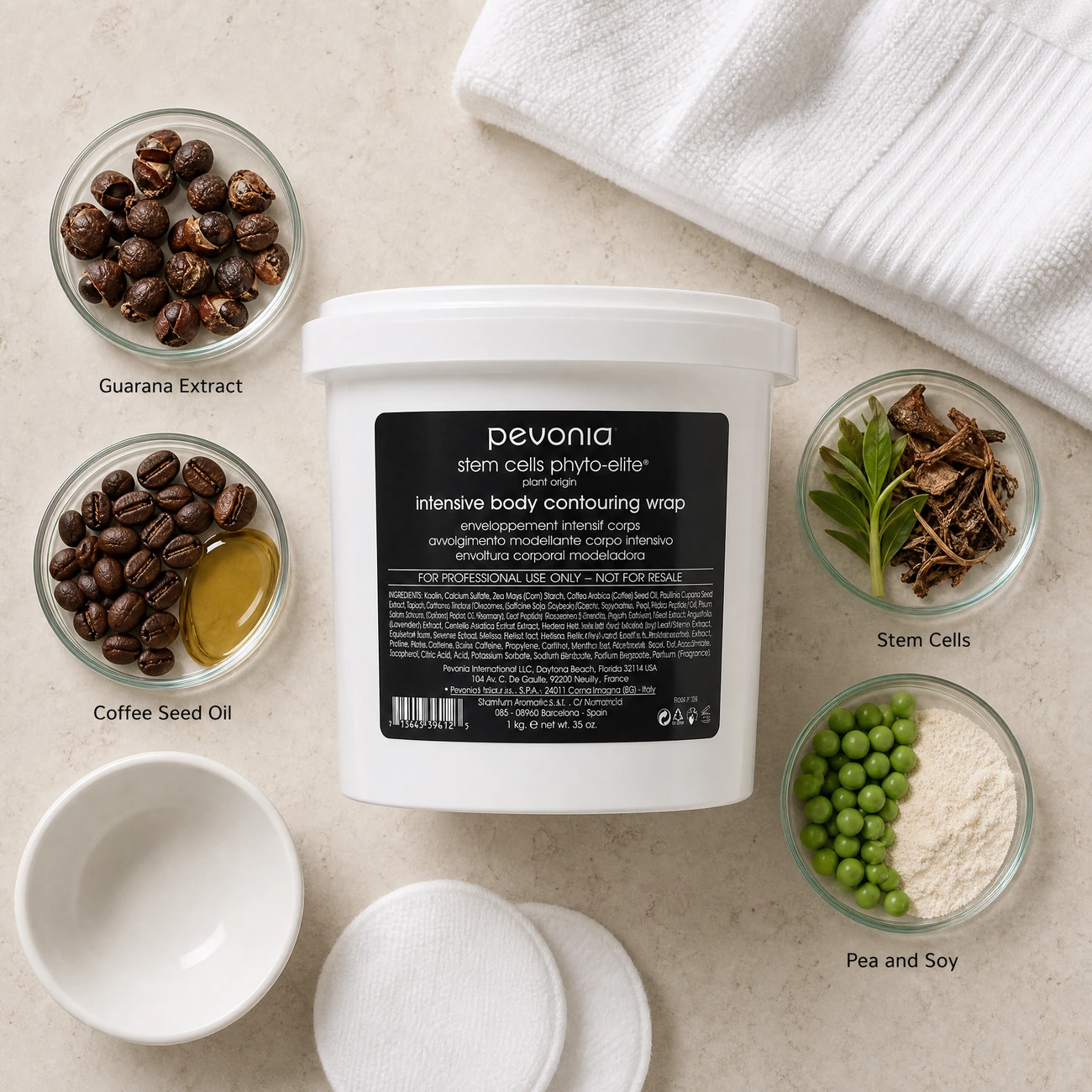 Pevonia Stem Cells Phyto-Elite Intensive Body Contouring Wrap 1kg ingredients flatlay with guarana extract, coffee seed oil, argan and comfrey stem cells, and pea and soy proteins in clean glass petri dishes for professional B2B education.