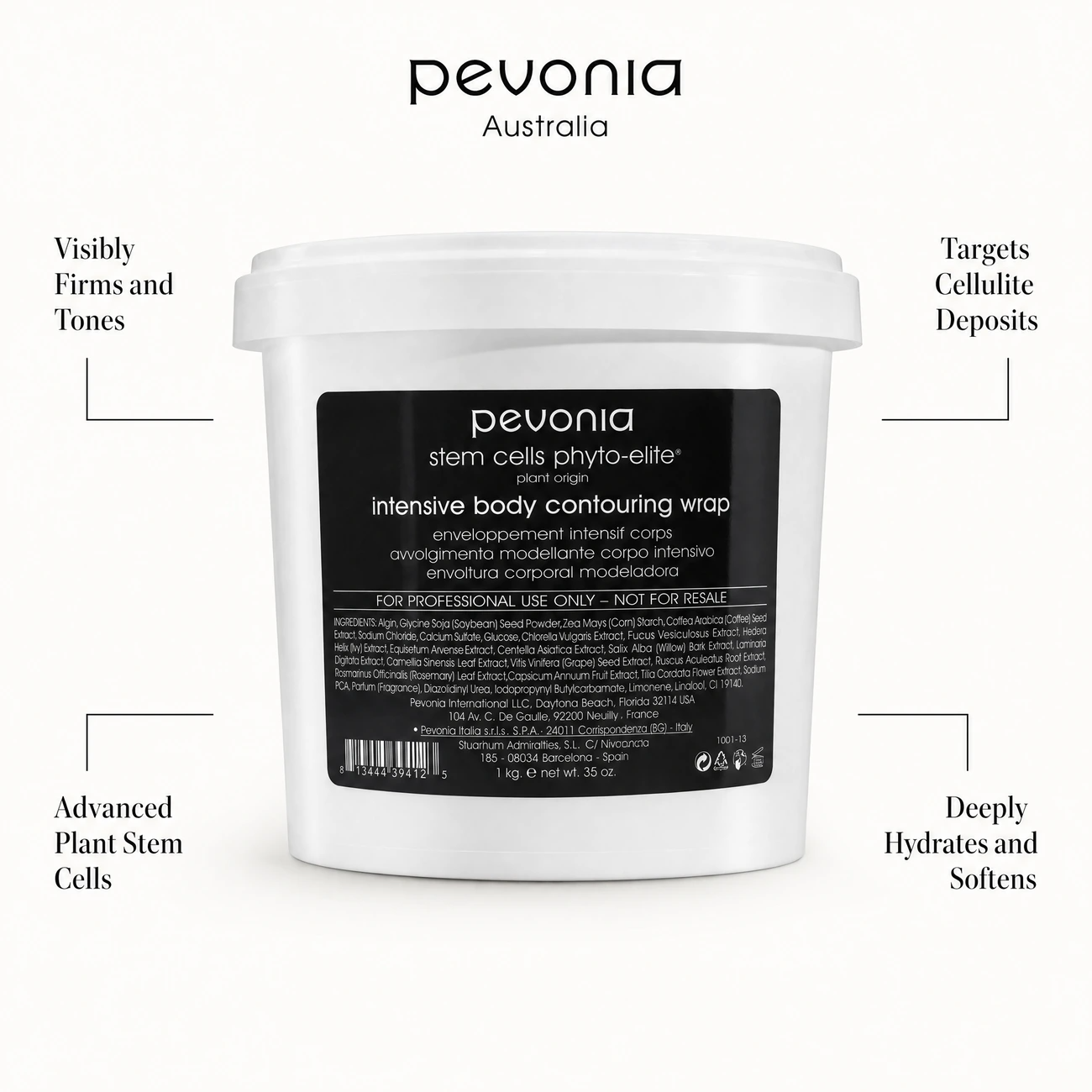 Pevonia Stem Cells Phyto-Elite Intensive Body Contouring Wrap 1kg benefit callout image highlighting skin firming and toning, cellulite targeting, plant stem cell rejuvenation, and deep hydration.
