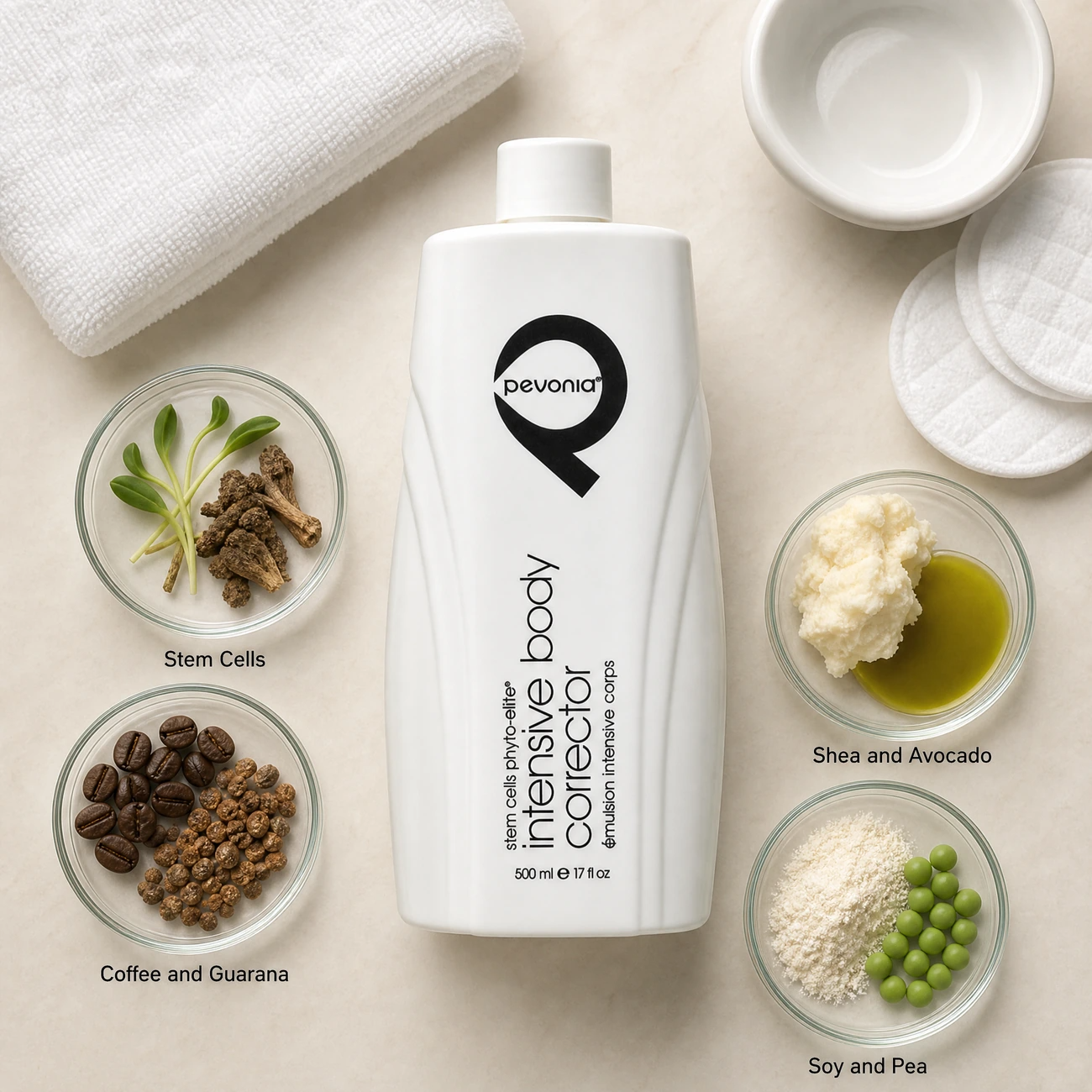 Pevonia Stem Cells Phyto-Elite Intensive Body Corrector 500ml ingredients flatlay with argan and comfrey stem cells, coffee seed oil with guarana, shea butter with avocado oil, and soy protein with pea extract in clean glass petri dishes for professional B2B education.