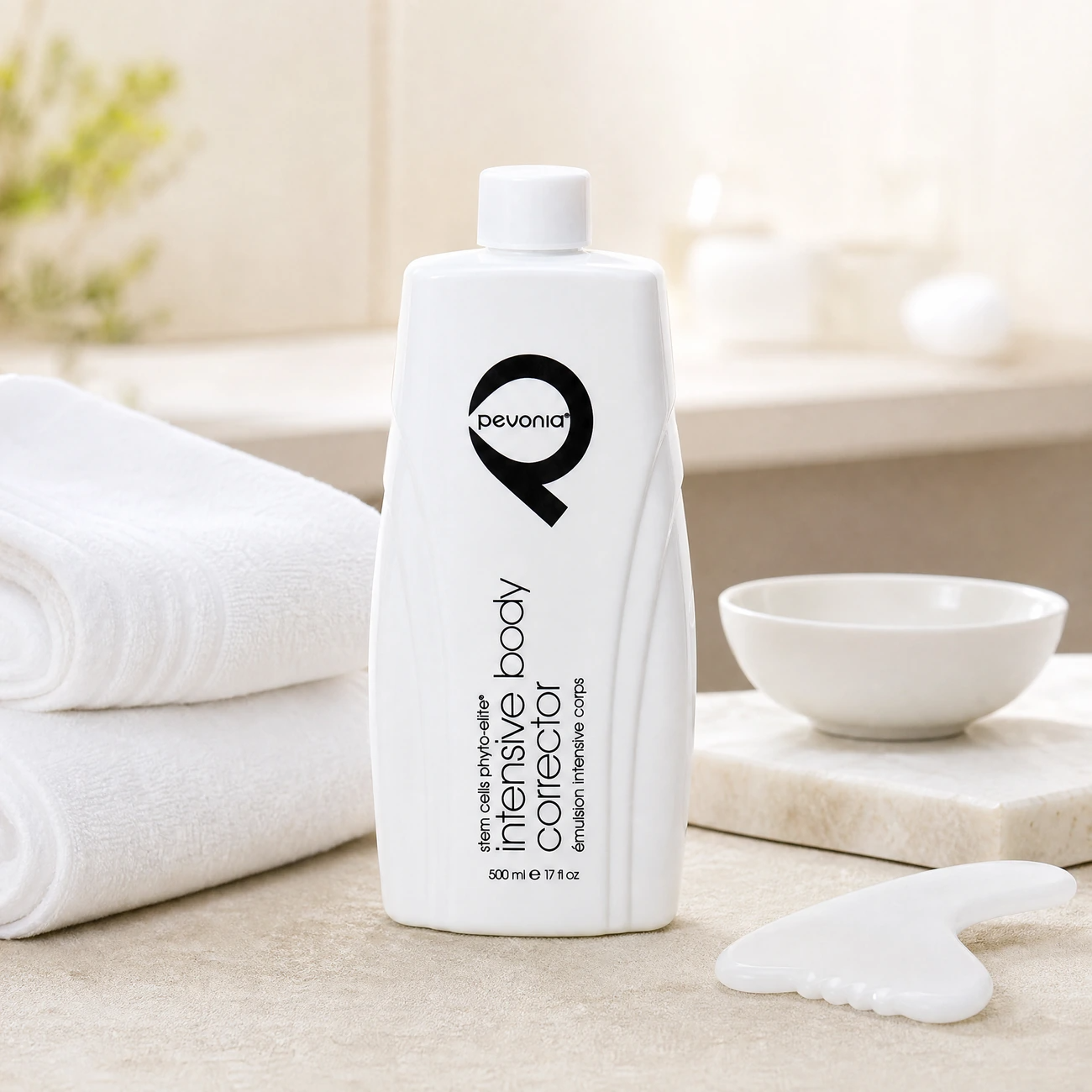 Pevonia Stem Cells Phyto-Elite Intensive Body Corrector 500ml professional sculpted white bottle styled in a serene clinical spa treatment room for Beauty Collective Pro.