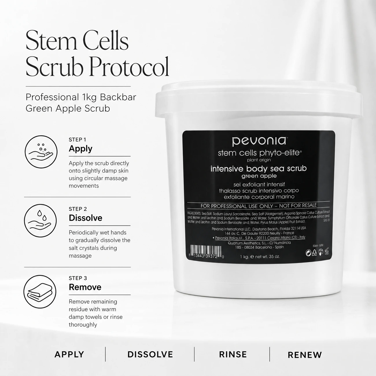Pevonia Stem Cells Phyto-Elite Intensive Body Sea Scrub Green Apple 1kg clinic-use education image detailing the professional 3-step Apply, Dissolve, and Remove backbar body scrub protocol.