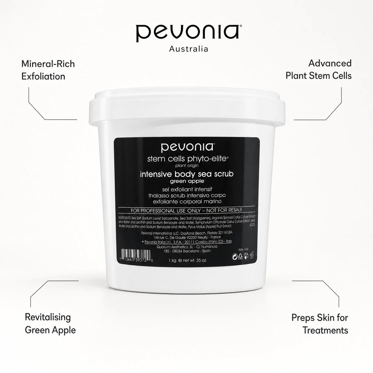Pevonia Stem Cells Phyto-Elite Intensive Body Sea Scrub Green Apple 1kg benefit callout image highlighting mineral-rich sea salt exfoliation, plant stem cell renewal, green apple revitalisation, and treatment preparation.