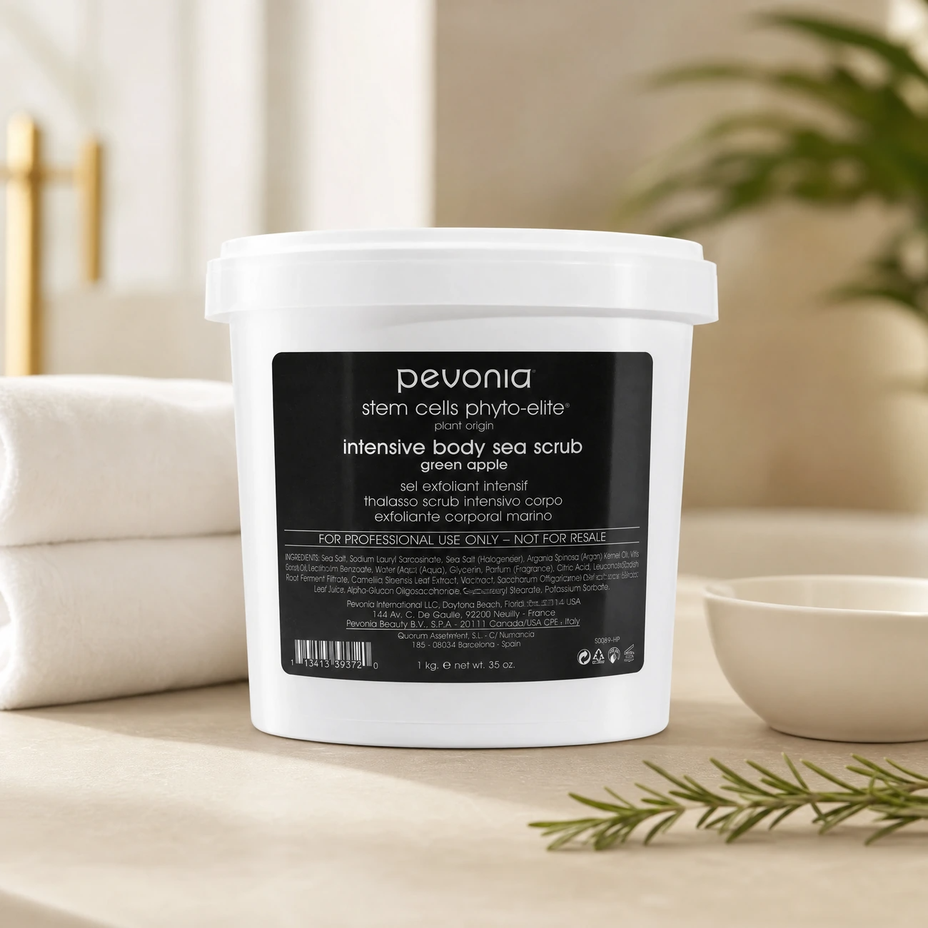 Pevonia Stem Cells Phyto-Elite Intensive Body Sea Scrub Green Apple 1kg professional tub styled in a serene clinical spa treatment room for Beauty Collective Pro.