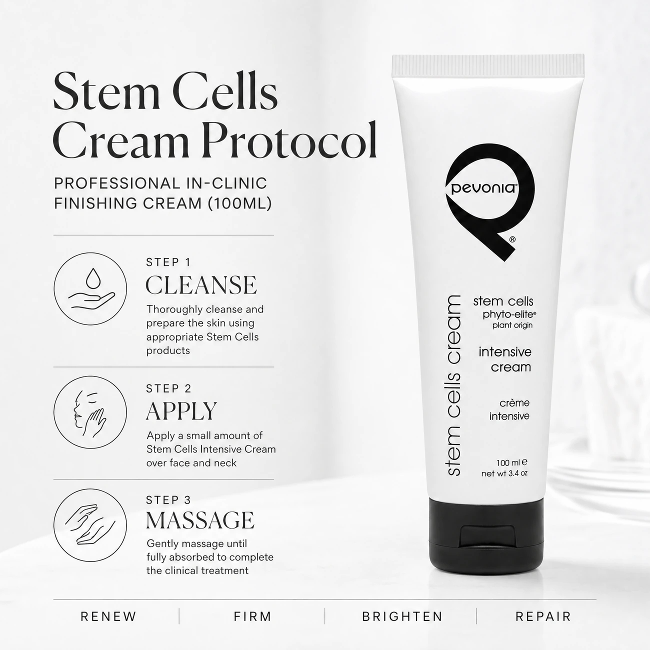 Pevonia Stem Cells Phyto-Elite Intensive Cream 100ml clinic-use education image detailing the professional 3-step Cleanse, Apply, and Massage finishing protocol for salons, spas, and clinics.