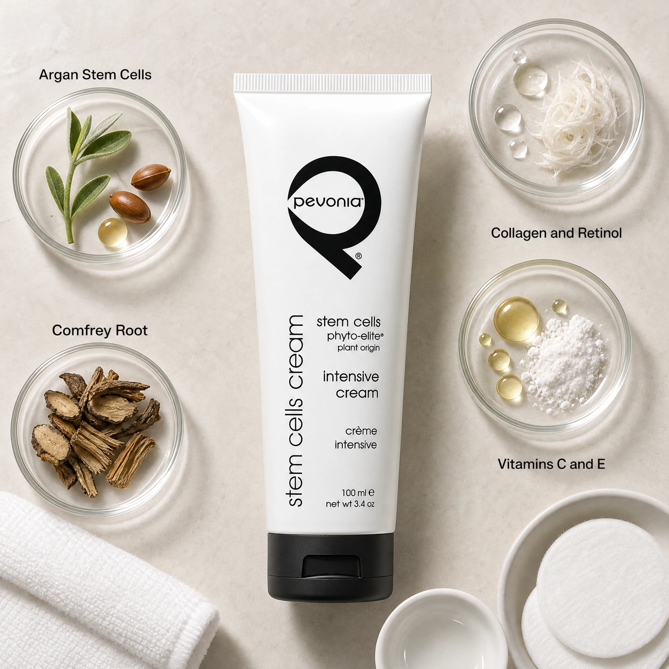 Pevonia Stem Cells Phyto-Elite Intensive Cream 100ml ingredients flatlay with argan stem cells, comfrey root, marine collagen and retinol, and Vitamins C and E in clean glass petri dishes for professional B2B education.