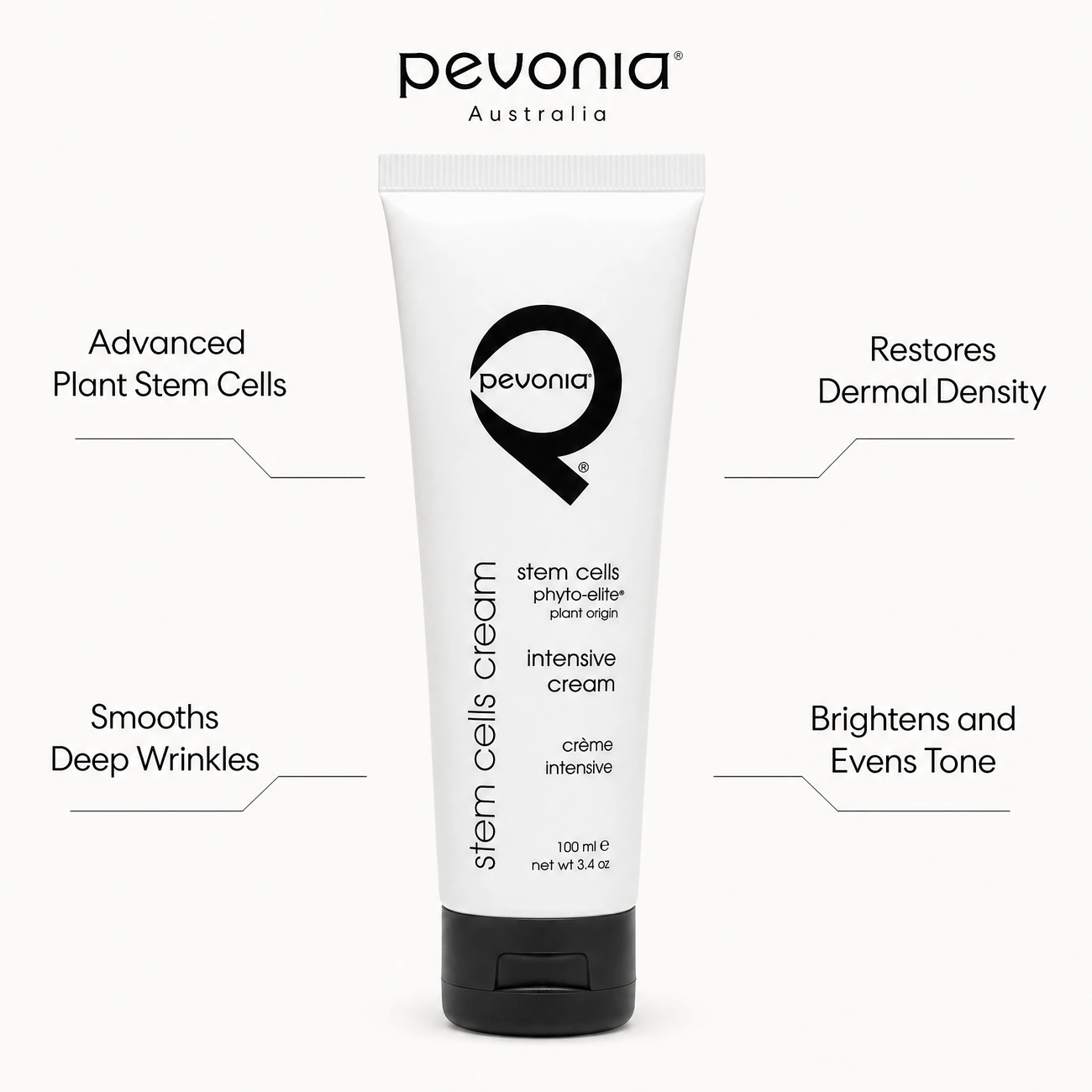 Pevonia Stem Cells Phyto-Elite Intensive Cream 100ml benefit callout image highlighting advanced plant stem cells, dermal density restoration, wrinkle smoothing, and tone brightening.