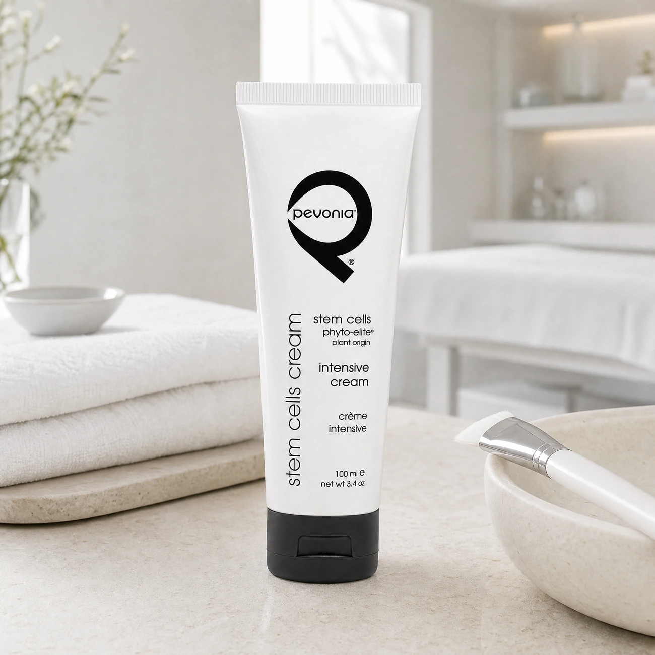 Pevonia Stem Cells Phyto-Elite Intensive Cream 100ml professional white tube styled in a serene clinical spa treatment room for Beauty Collective Pro.