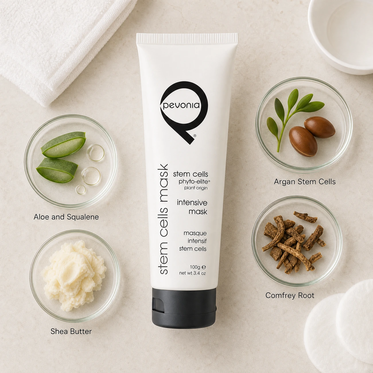 Pevonia Stem Cells Phyto-Elite Intensive Mask 100g ingredients flatlay with argan stem cells, comfrey root, shea butter, and aloe vera with squalene in clean glass petri dishes for professional B2B education.