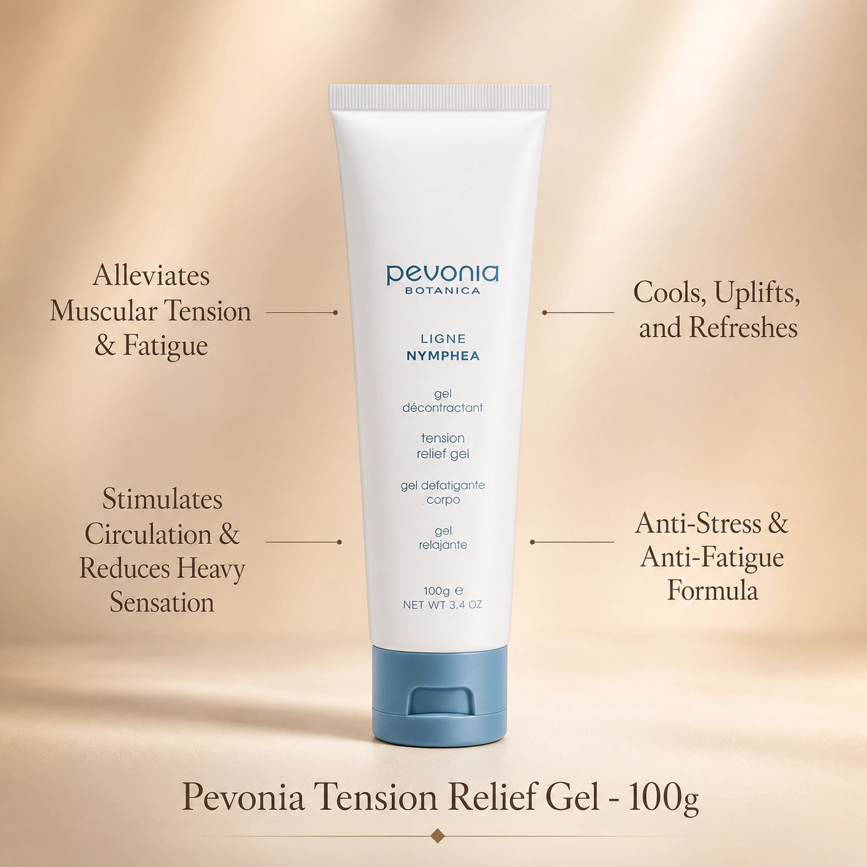 Sophisticated product ad for Pevonia Tension Relief Gel featuring a warm beige background and elegant serif typography highlighting anti-fatigue benefits.