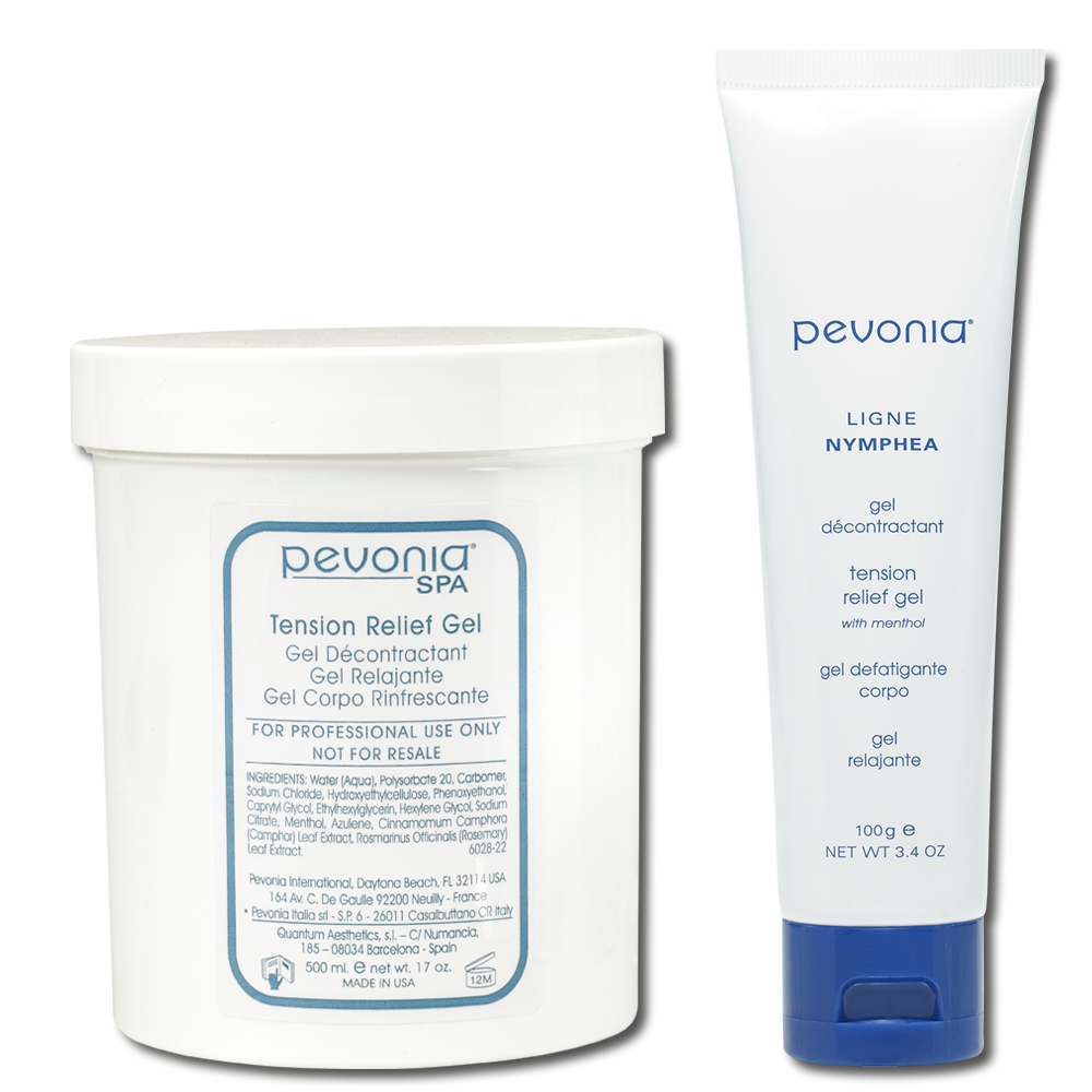Pevonia Tension Relief Gel retail tube and professional tub duo image for fast-acting cooling relief of tired muscles, heavy legs, calves, and feet.