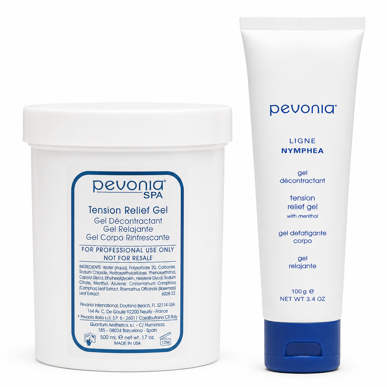 Pevonia Tension Relief Gel retail tube and professional tub duo image for fast-acting cooling relief of tired muscles, heavy legs, calves, and feet.