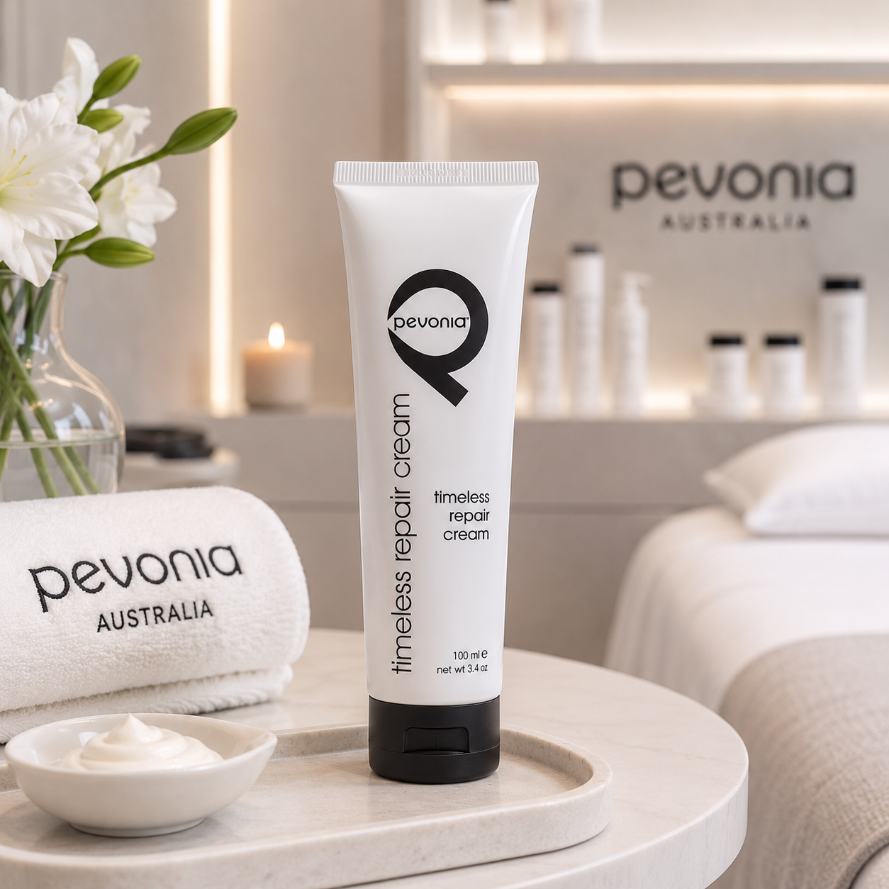 Pevonia Timeless Repair Cream 100ml displayed in a luxury spa treatment room for nourishing professional facial care.