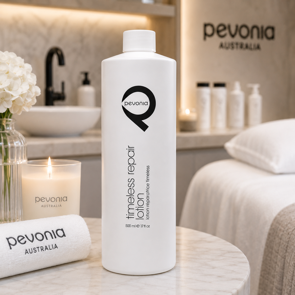 Pevonia Timeless Repair Lotion 500ml displayed in a luxury spa treatment room for conditioning professional facial treatments.