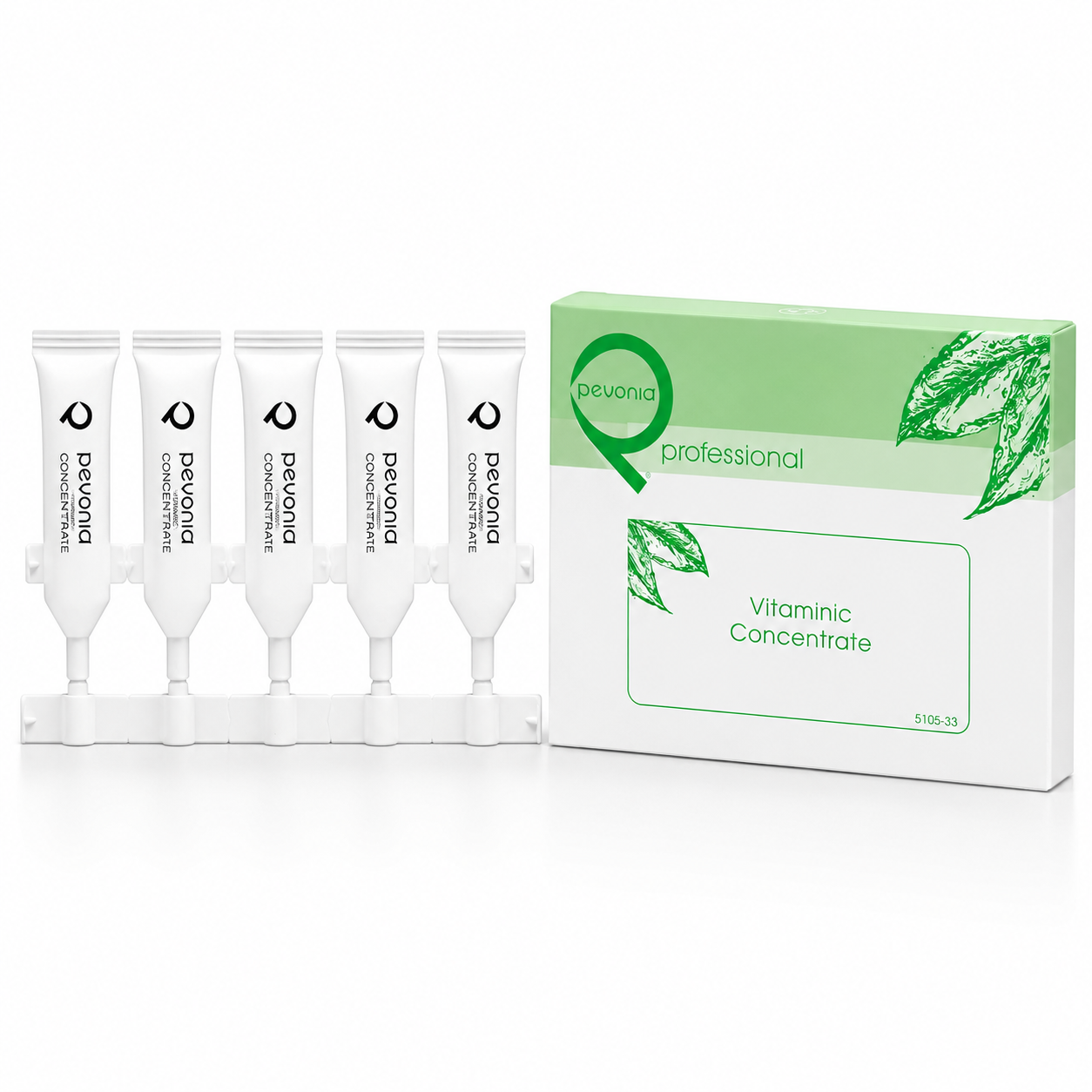 Pevonia Vitaminic Concentrate professional treatment ampoules and box displayed on a clean white studio background.