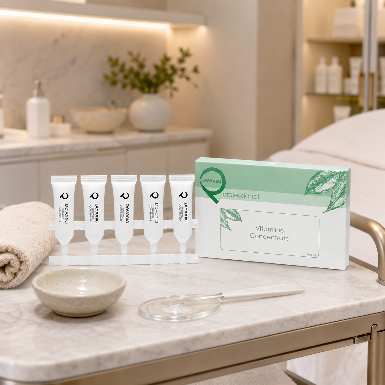 Pevonia Vitaminic Concentrate 5 x 5ml ampoules displayed on a therapist trolley in an upmarket day spa facial treatment room with unbranded treatment accessories.