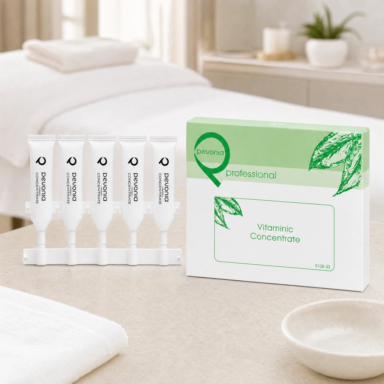 Pevonia Vitaminic Concentrate 5 x 5ml professional ampoule kit and box styled in a serene clinical spa treatment room for Beauty Collective Pro.