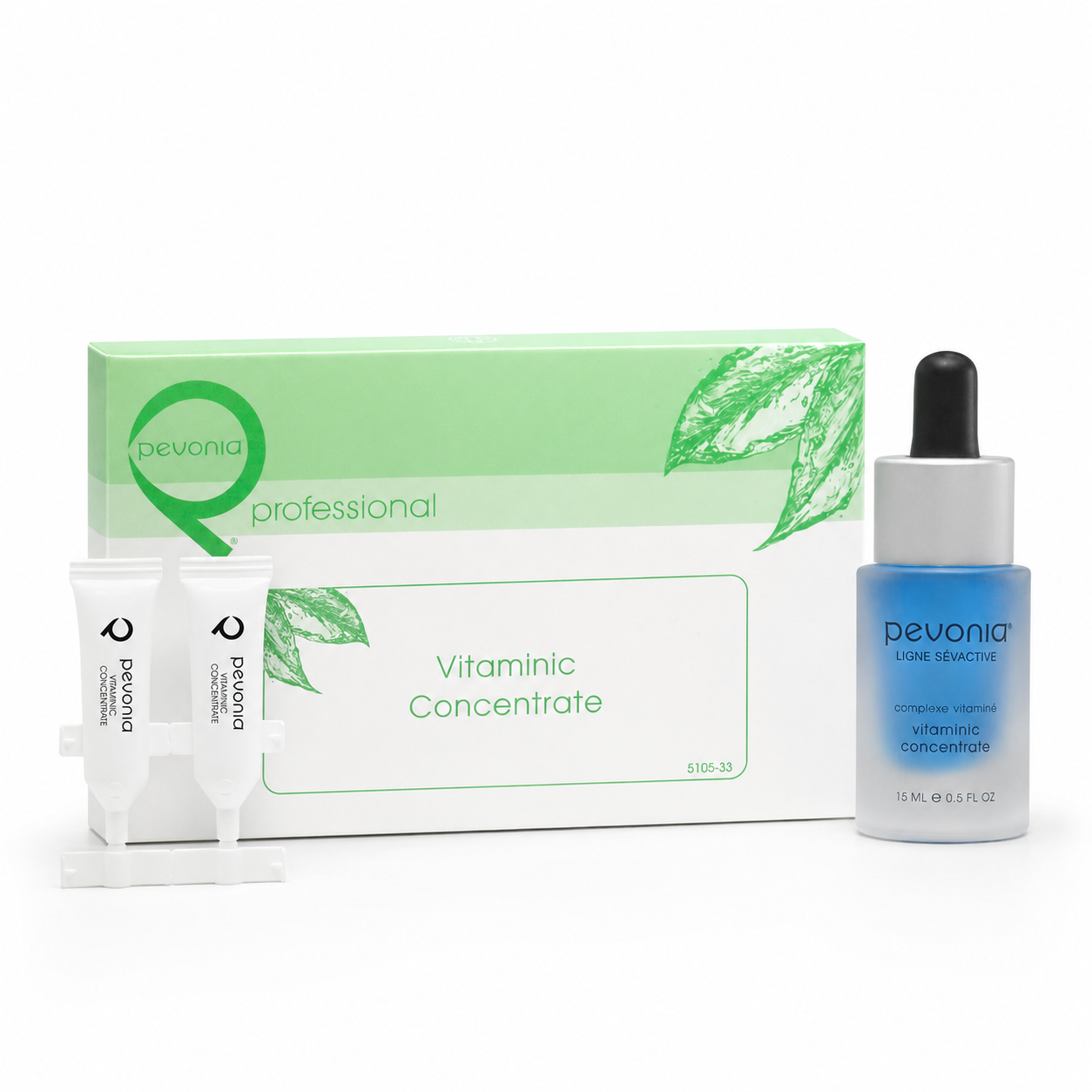 Pevonia Vitaminic Concentrate retail and professional ampoule duo image for revitalising dull or stressed skin, helping nourish, hydrate and restore a healthy-looking glow.